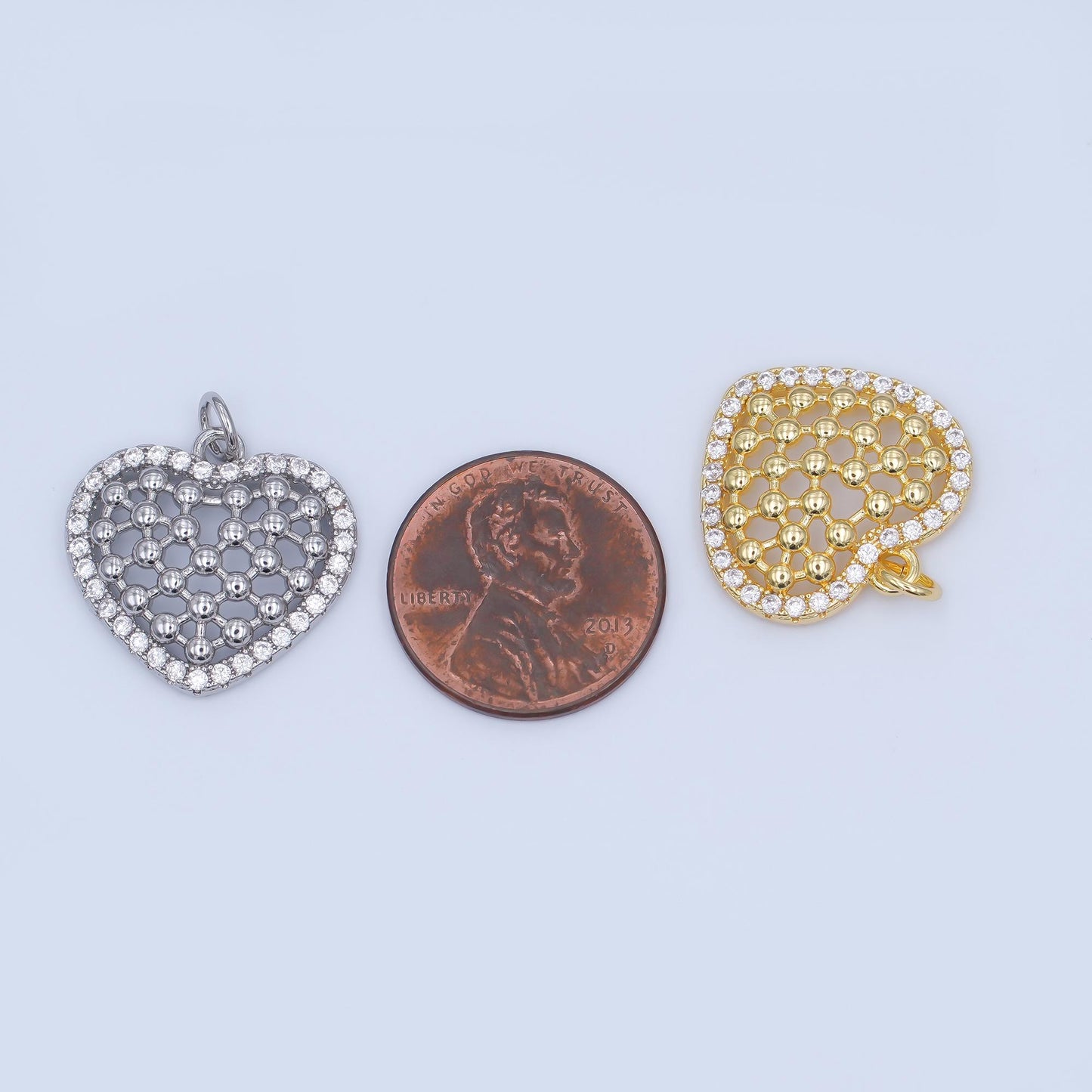 Mini gold Heart  charm clear micro paved CZ Filigree heart Silver charm | AJ-289