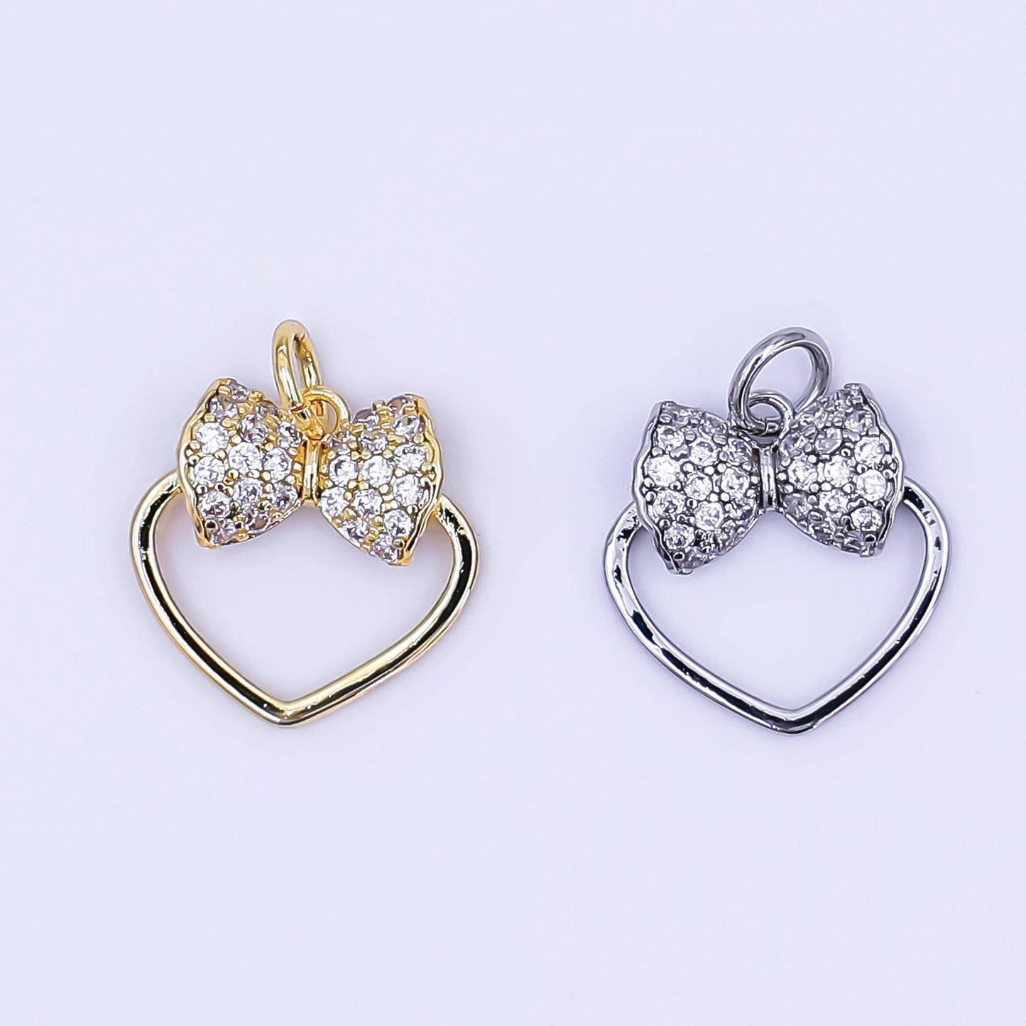 Open Gold Heart with CZ Bow Charm Mini Heart Charm Silver Love Pendant for Necklace Bracelet Earring aj-300