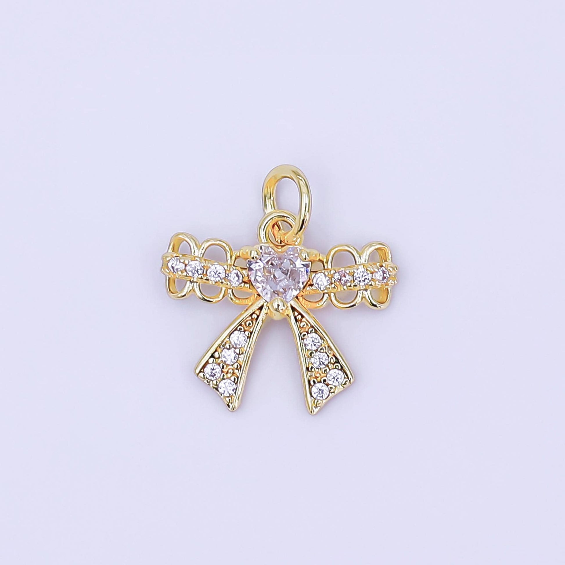 Mini CZ Micro Paved Ribbon Bow Charm 24k Gold Filled Drop Charm AJ-297