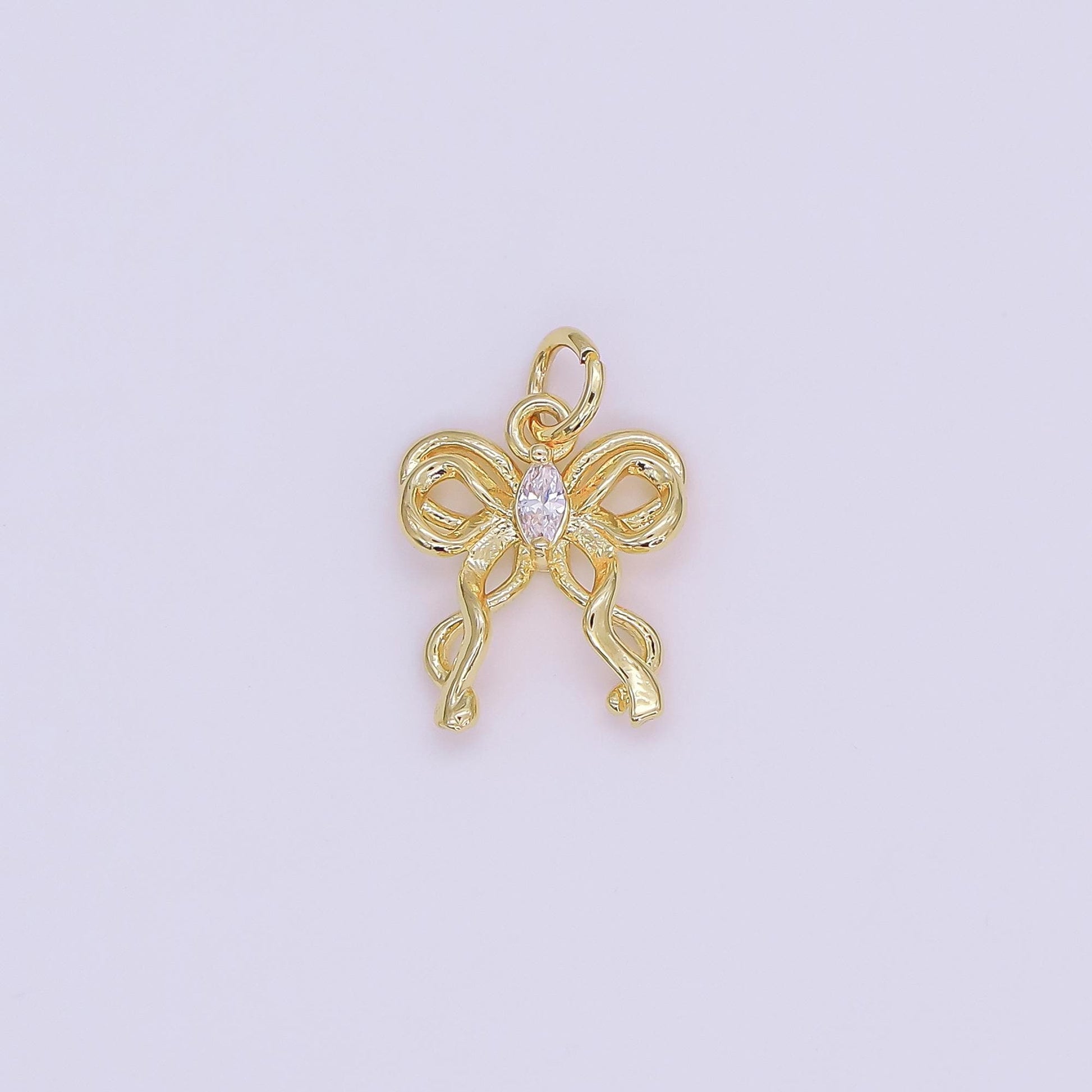 Tiny CZ Micro Paved Ribbon Bow Charm 24k Gold Filled Drop Charm AF482