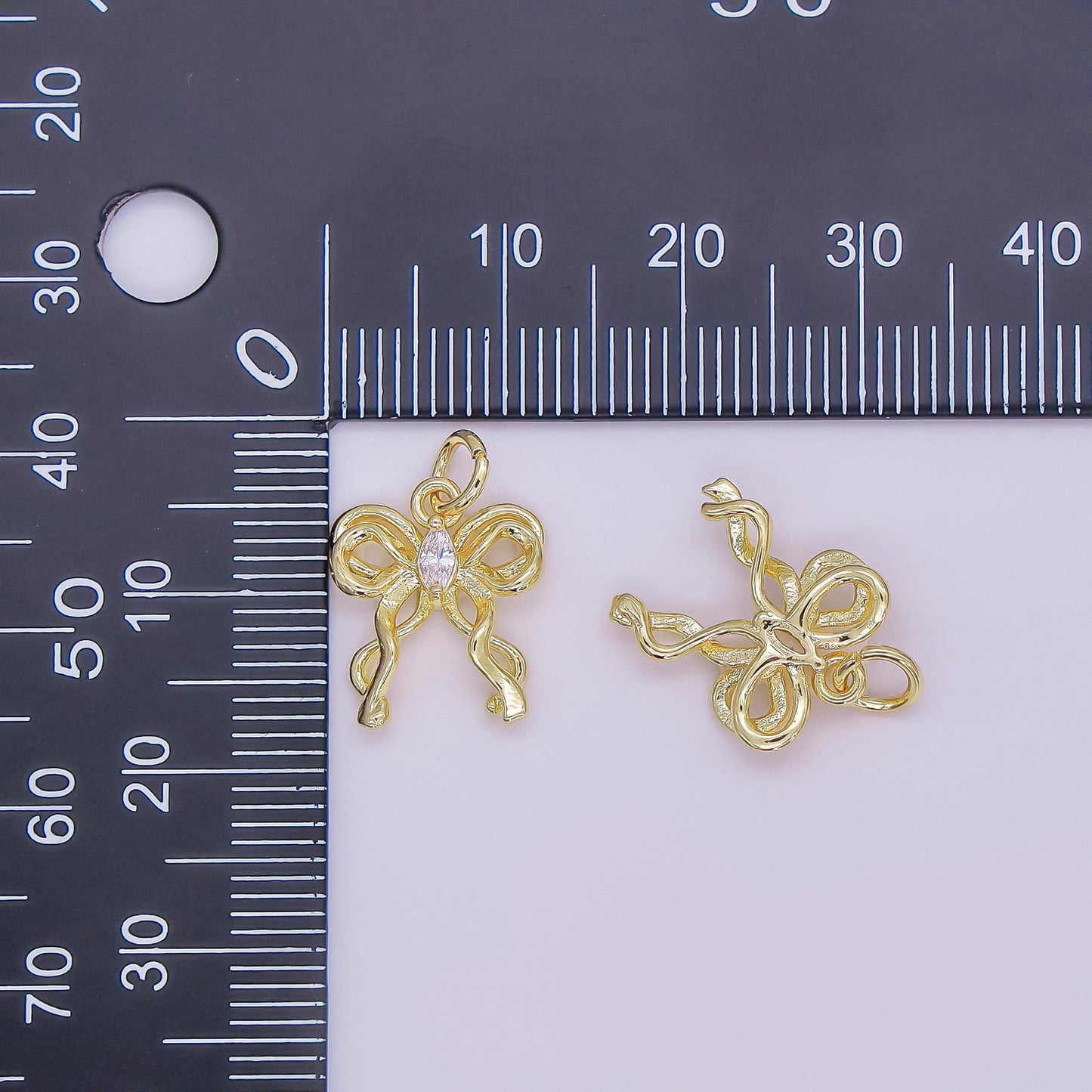 Tiny CZ Micro Paved Ribbon Bow Charm 24k Gold Filled Drop Charm AF482