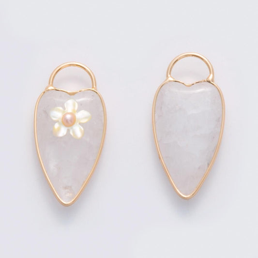 18K Gold Filled 35mm Pearl Flower Clear Quartz Heart Padlock Charm | D640