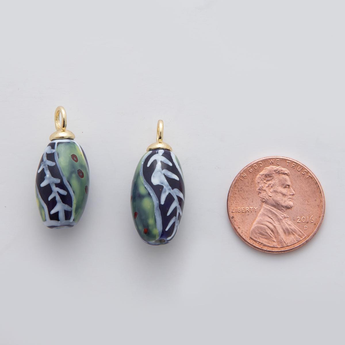 18K Gold Filled Doodle Green Vine Seed Ceramic Drop Pendant Hand painted Charm | X483