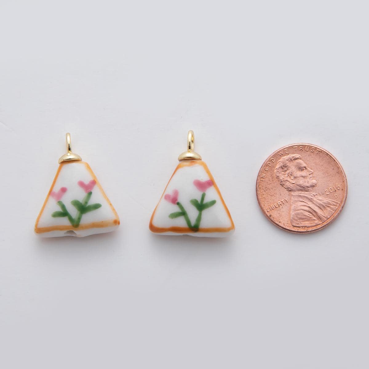 Dainty Triangle ceramic charm handmade Pink Tulip painting ceramic porcelain vintage charm for necklace bracelet jewelry making supply X633