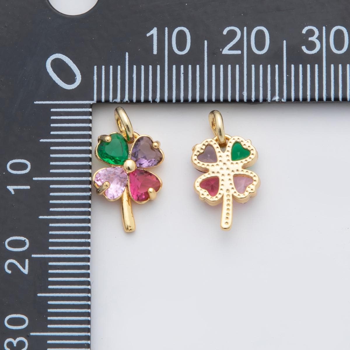18K Gold Filled Multicolor, Pink, Blue, Green, Fuchsia CZ Clover Charm for Lucky Jewelry Pendant | X332 - X477