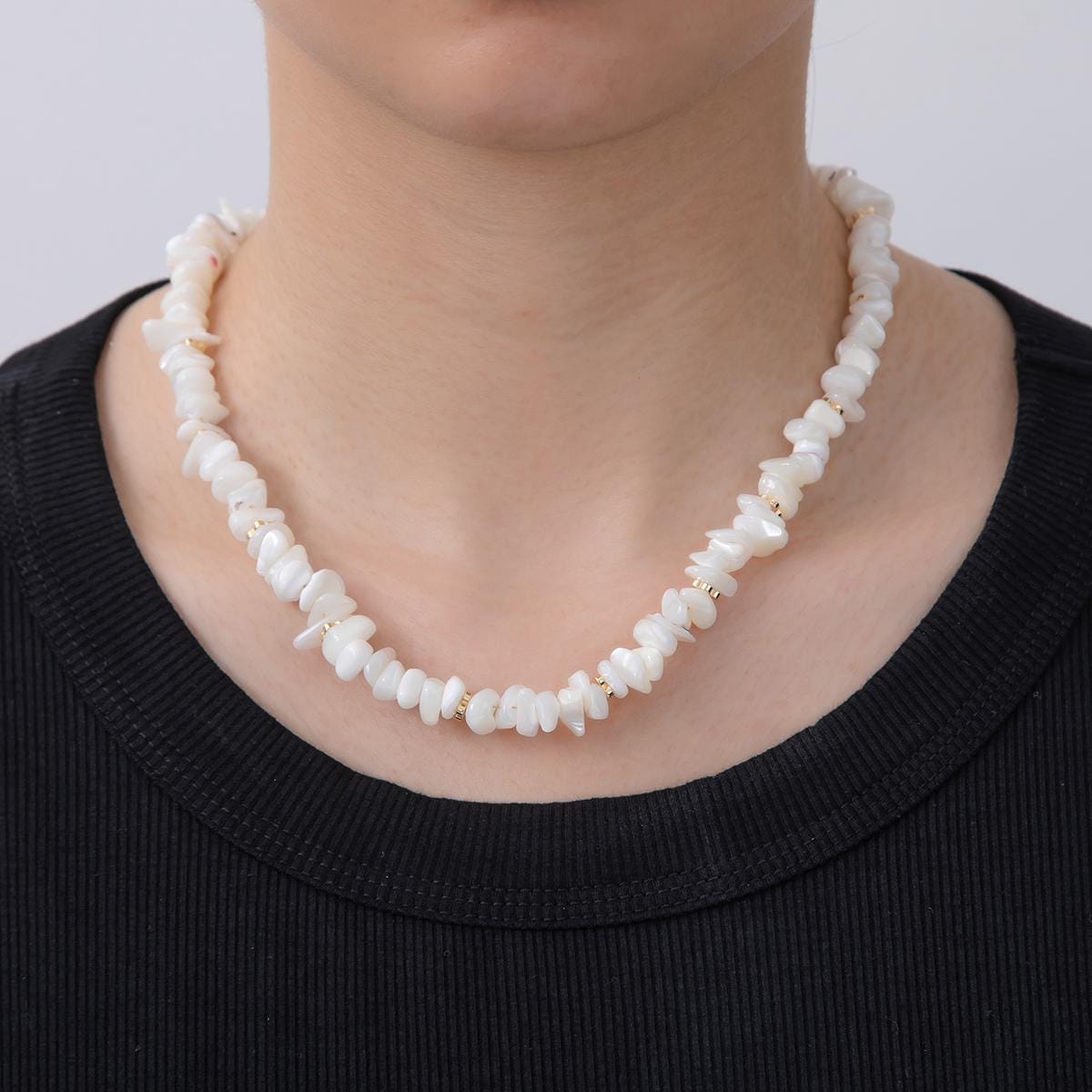 Handmade Shell Pearl Necklace Chip Bead Smooth Freeform Nugget Beaded Cluster Necklace WA-309