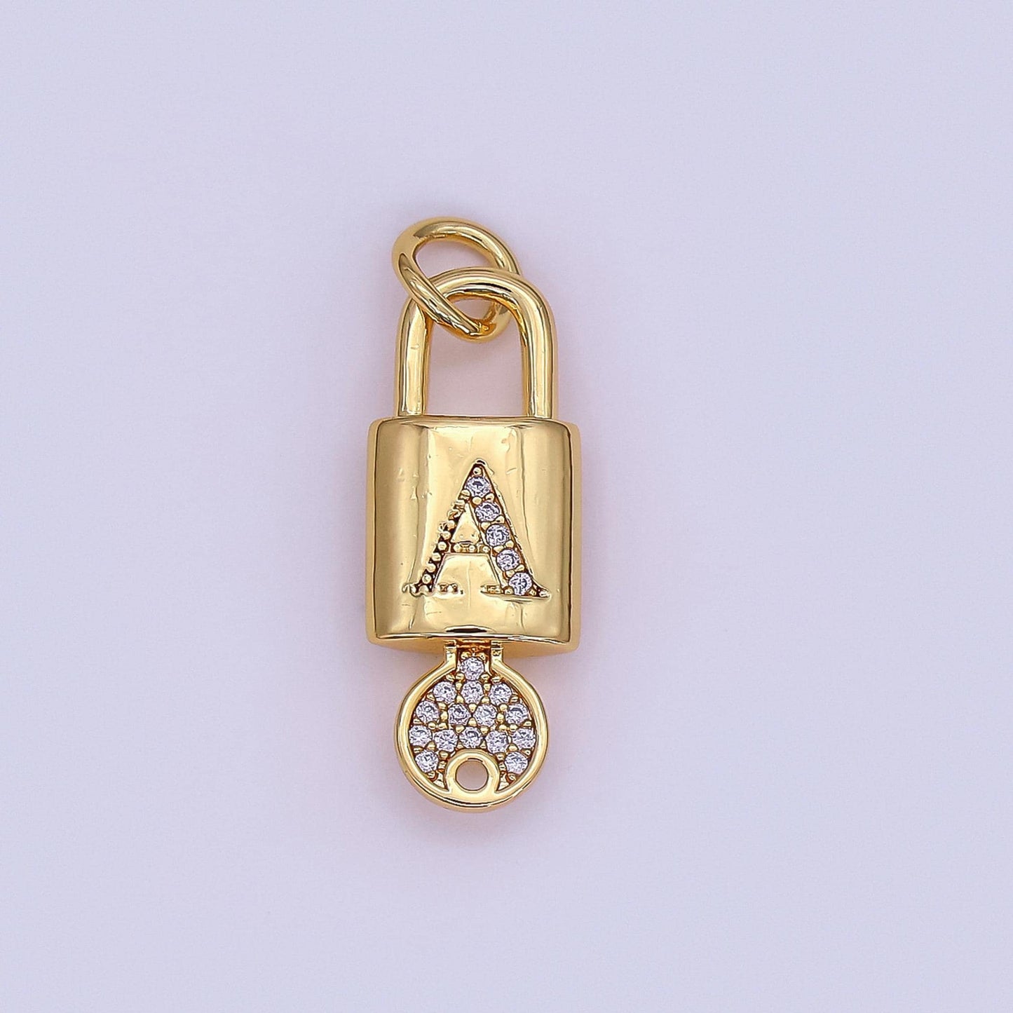 Mini 24K Gold Filled Micro Pave Initial Letter Padlock with Key Pendant Alphabet Charm for Personalized Jewelry Making Supply | AF014