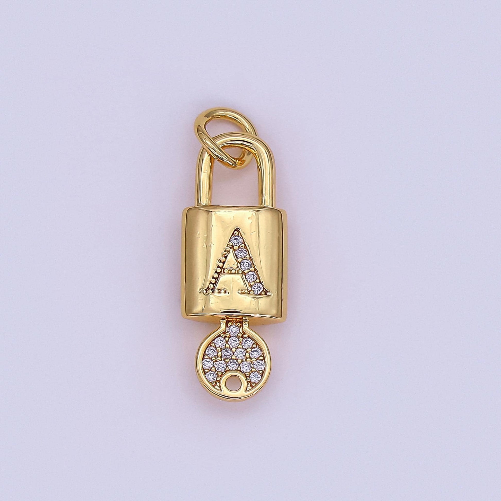 Mini 24K Gold Filled Micro Pave Initial Letter Padlock with Key Pendant Alphabet Charm for Personalized Jewelry Making Supply | AF014