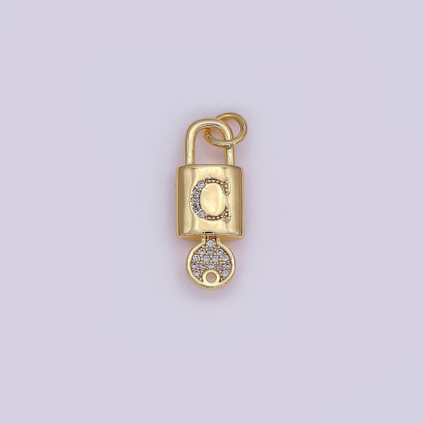 Mini 24K Gold Filled Micro Pave Initial Letter Padlock with Key Pendant Alphabet Charm for Personalized Jewelry Making Supply | AF014