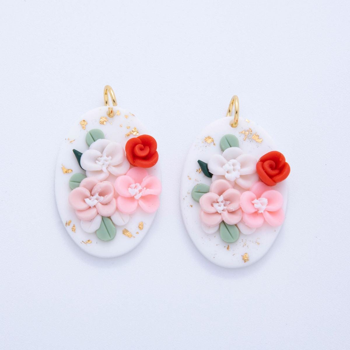 Whimsical Pink Floral Charms – Handmade Polymer Clay Oval Dangle – Pastel Boho Earring Components – Spring Jewelry DIY Supply AF-705