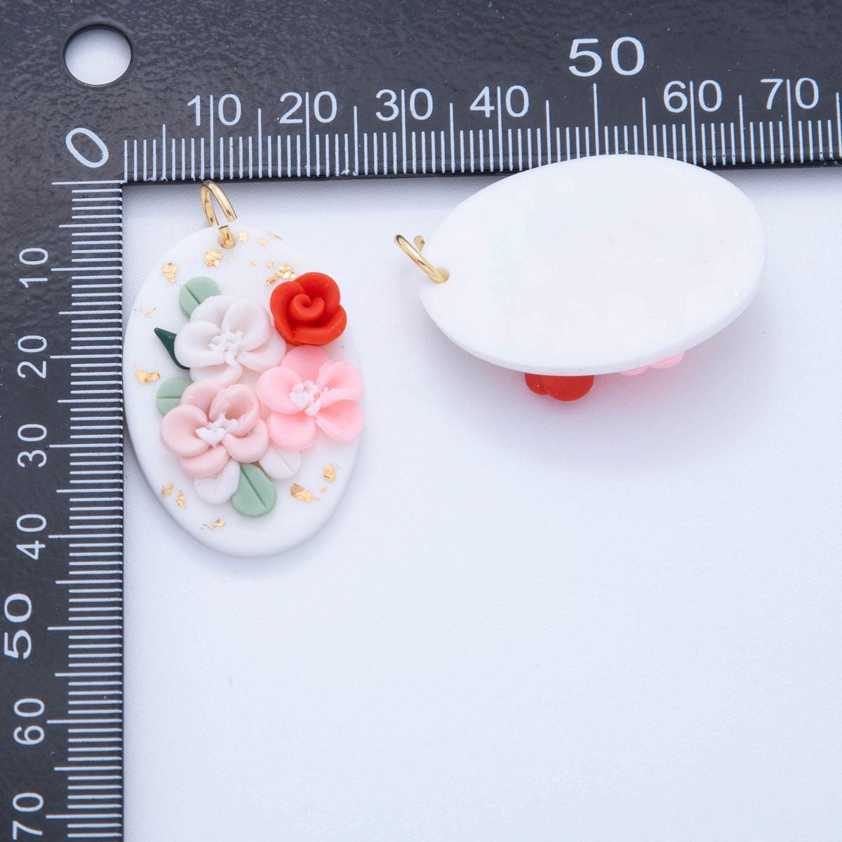 Whimsical Pink Floral Charms – Handmade Polymer Clay Oval Dangle – Pastel Boho Earring Components – Spring Jewelry DIY Supply AF-705
