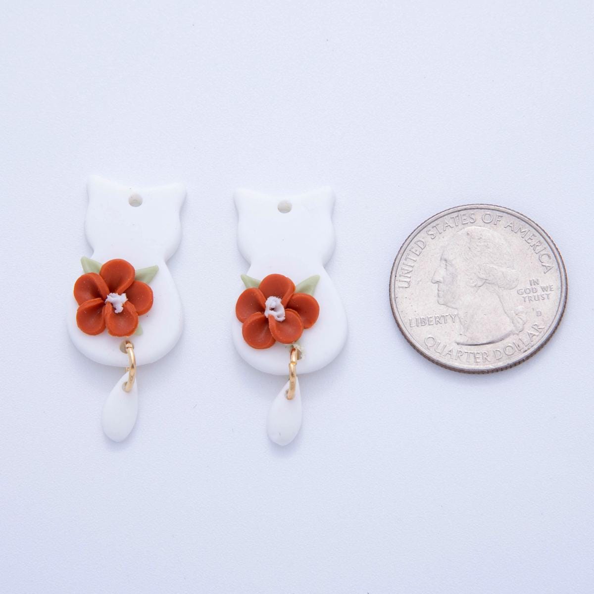 White Cat Red Floral Charms – Handmade Polymer Clay Animal Dangle Boho Earring Components – Spring Jewelry DIY Supply AF-706