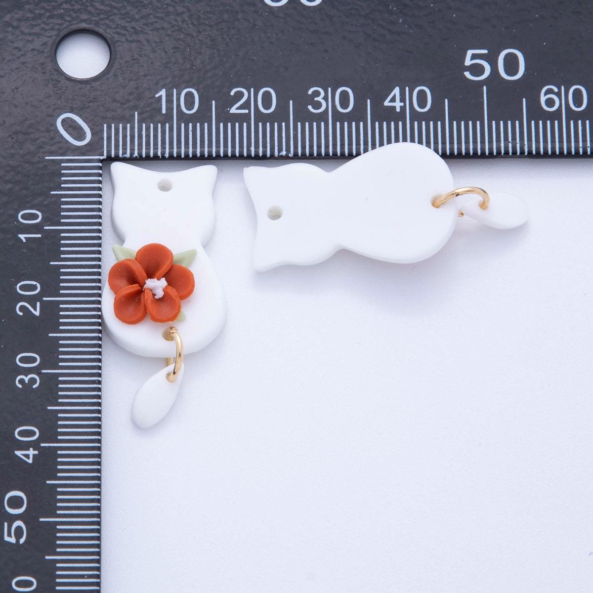 White Cat Red Floral Charms – Handmade Polymer Clay Animal Dangle Boho Earring Components – Spring Jewelry DIY Supply AF-706