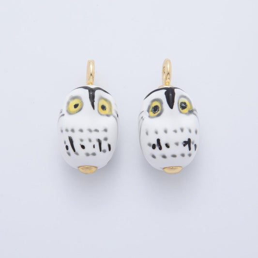 Hand painted White Ceramic Owl Pendant, 24K Gold Filled Night Owl Bird Animal Charm For Necklace Bracelet Component AF-696