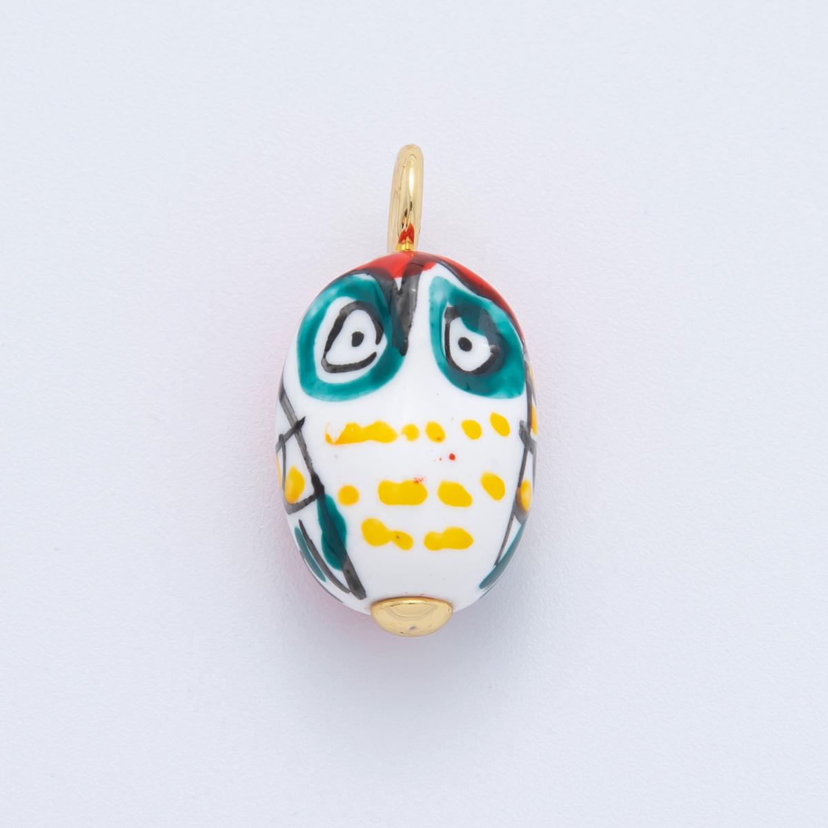Hand painted White Ceramic Owl Pendant, 24K Gold Filled Night Owl Bird Animal Charm For Necklace Bracelet Component AF-696