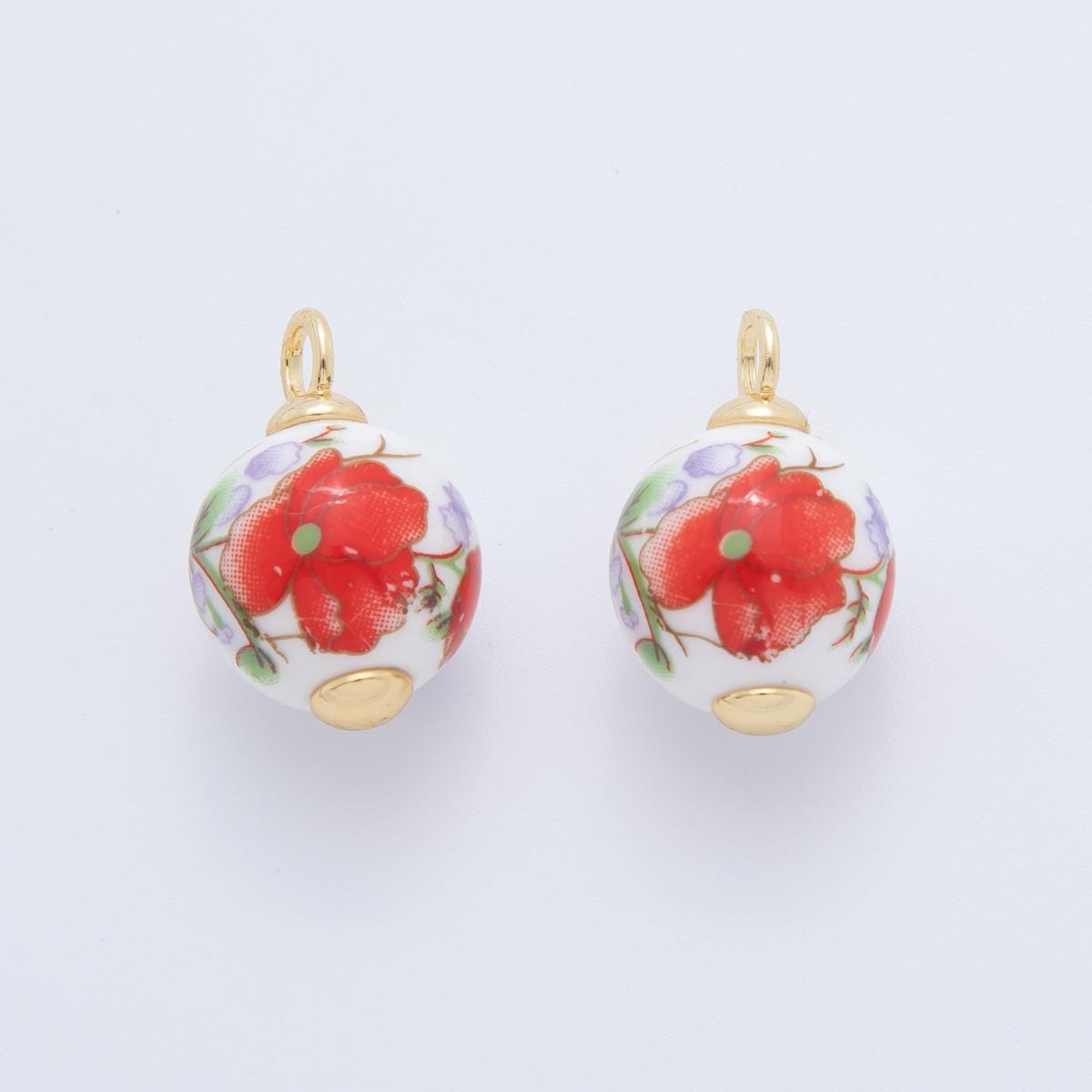 24K Gold Filled Pink Cherry Blossom Charm Sakura Round Ceramic Drop Pendant | AF-700