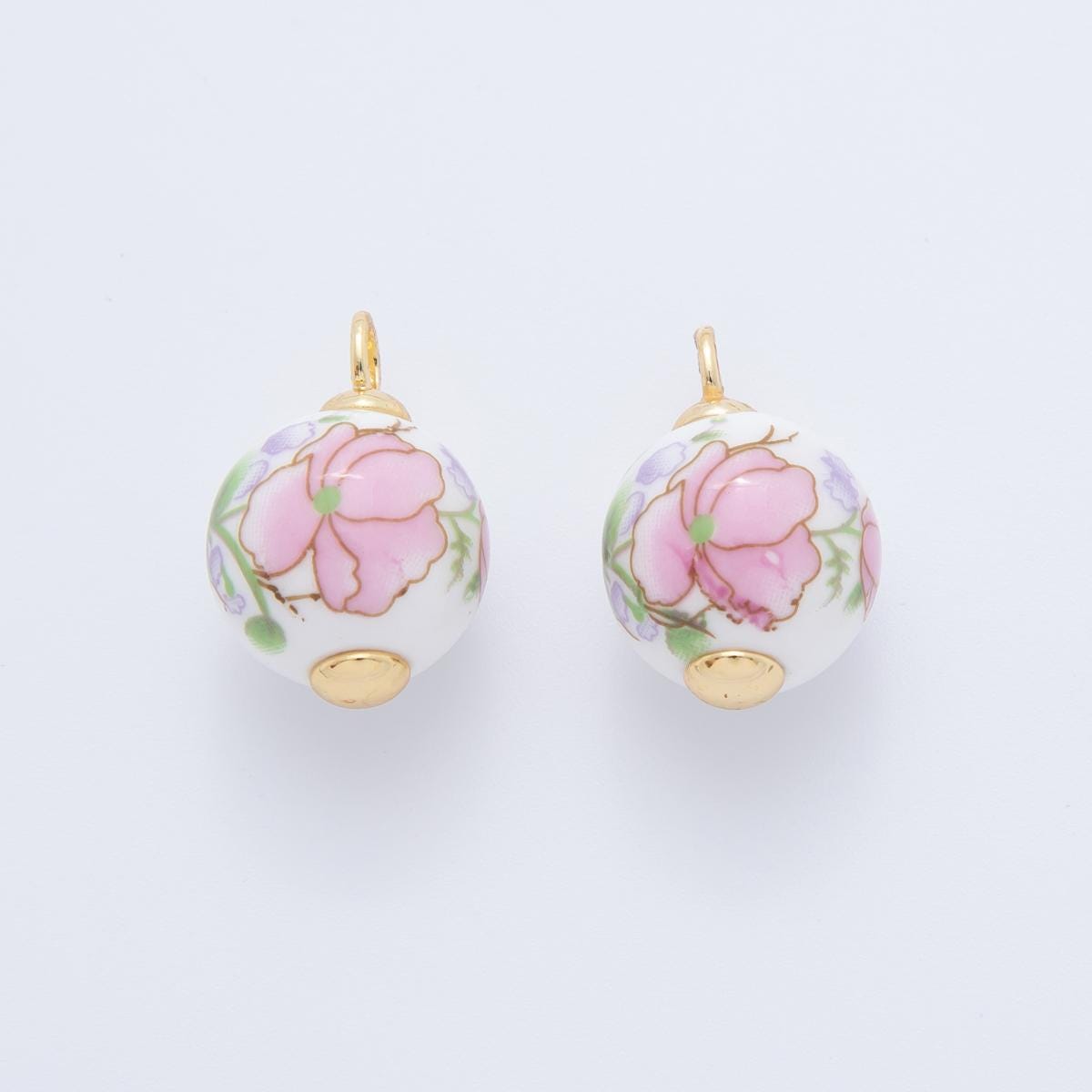 24K Gold Filled Pink Cherry Blossom Charm Sakura Round Ceramic Drop Pendant | AF-700