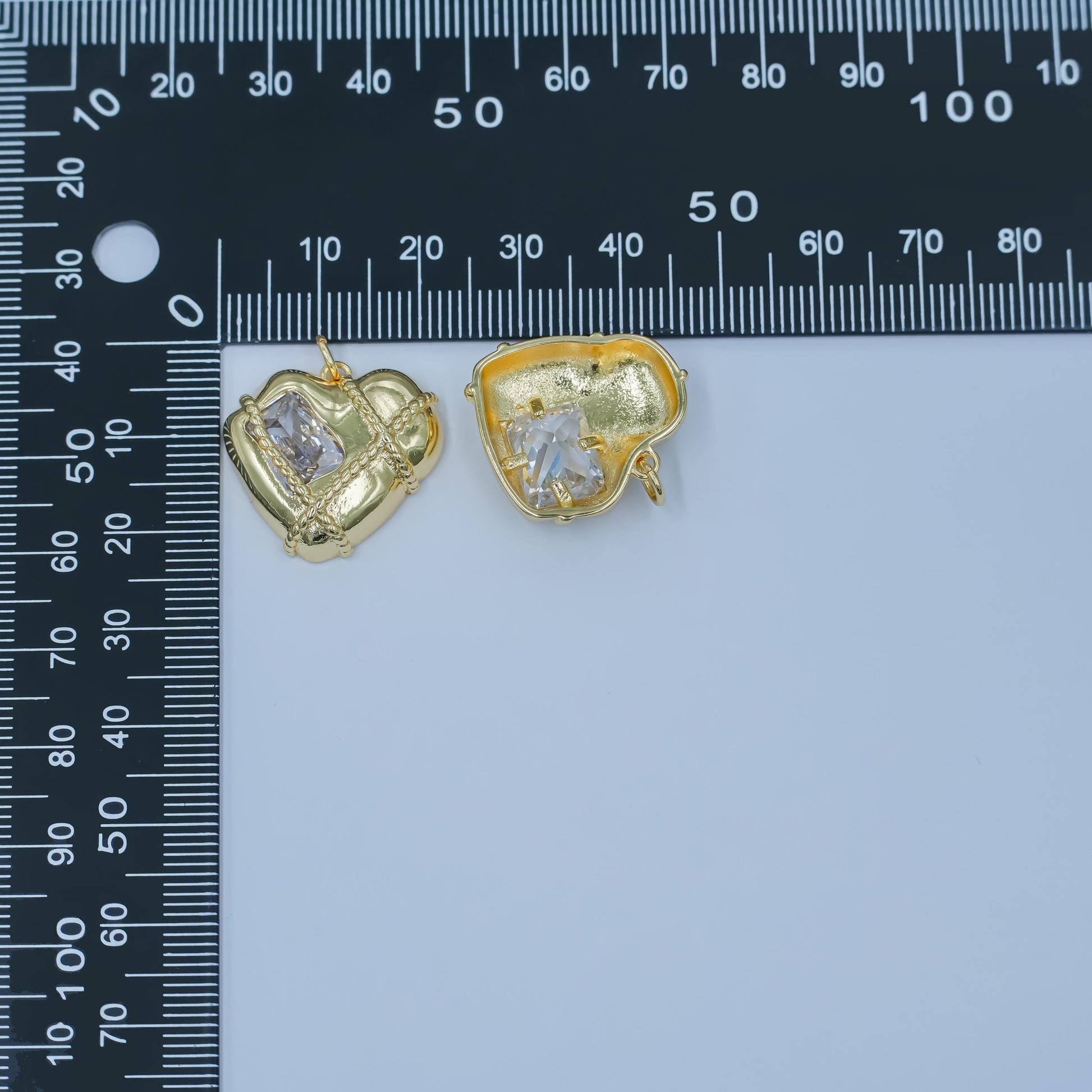 24K Gold Filled Baguette CZ Rope Tied Molten Heart Charm | C764