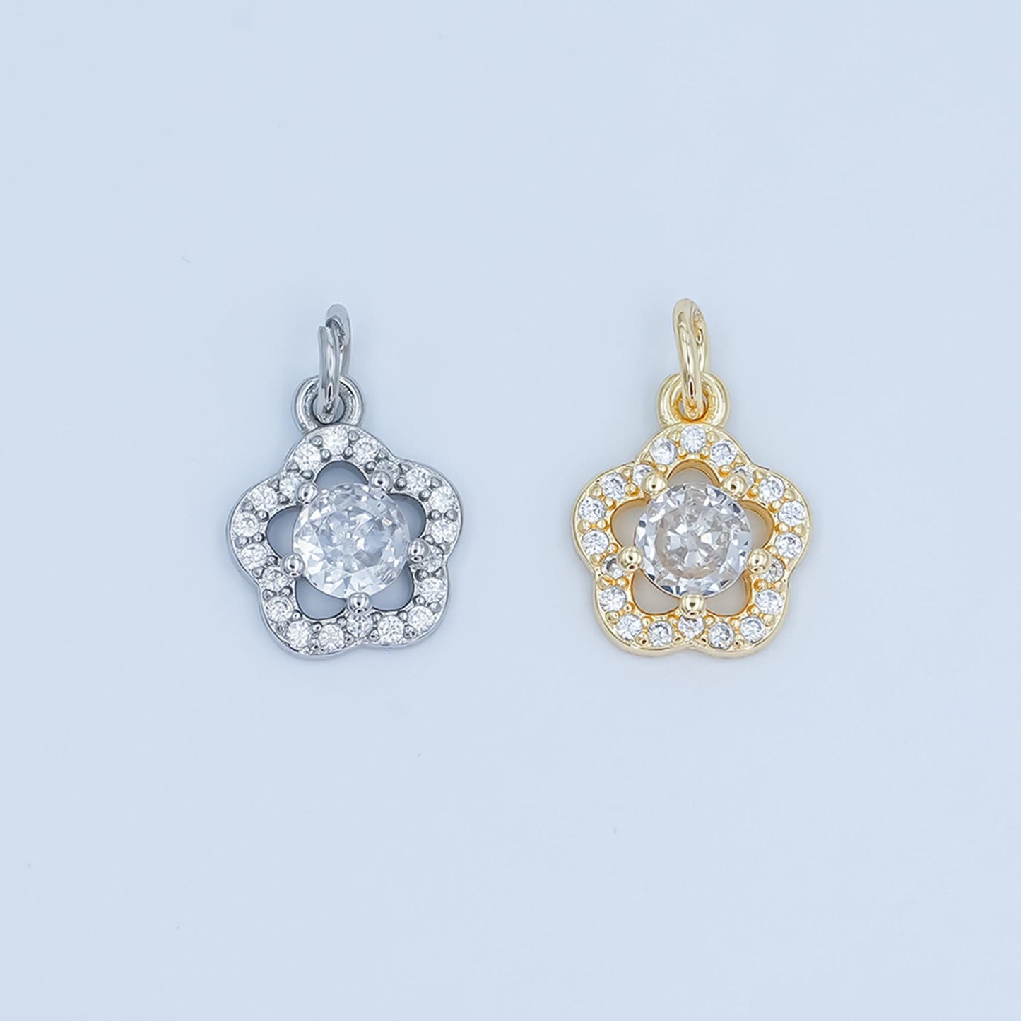 Flower CZ Pendant Charm in White Gold Silver Dainty Floral Necklace Charm Elegant Micro Pave Flower Jewelry Making Supply C858