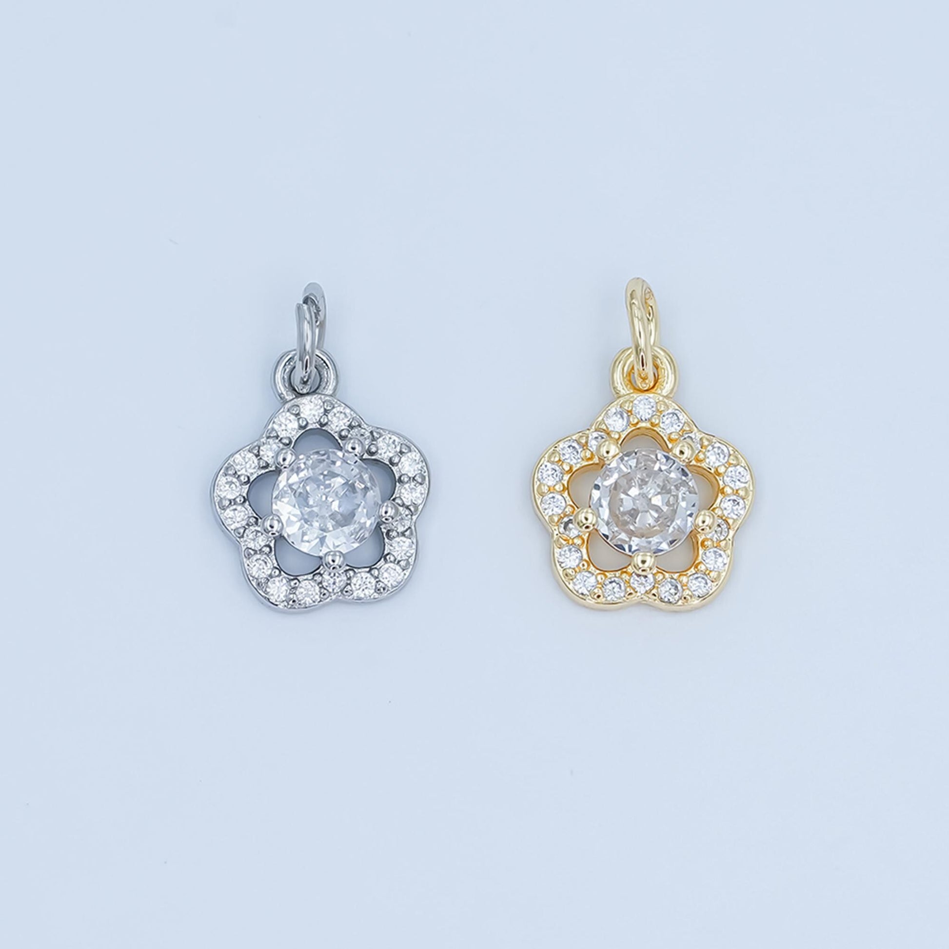 Flower CZ Pendant Charm in White Gold Silver Dainty Floral Necklace Charm Elegant Micro Pave Flower Jewelry Making Supply C858