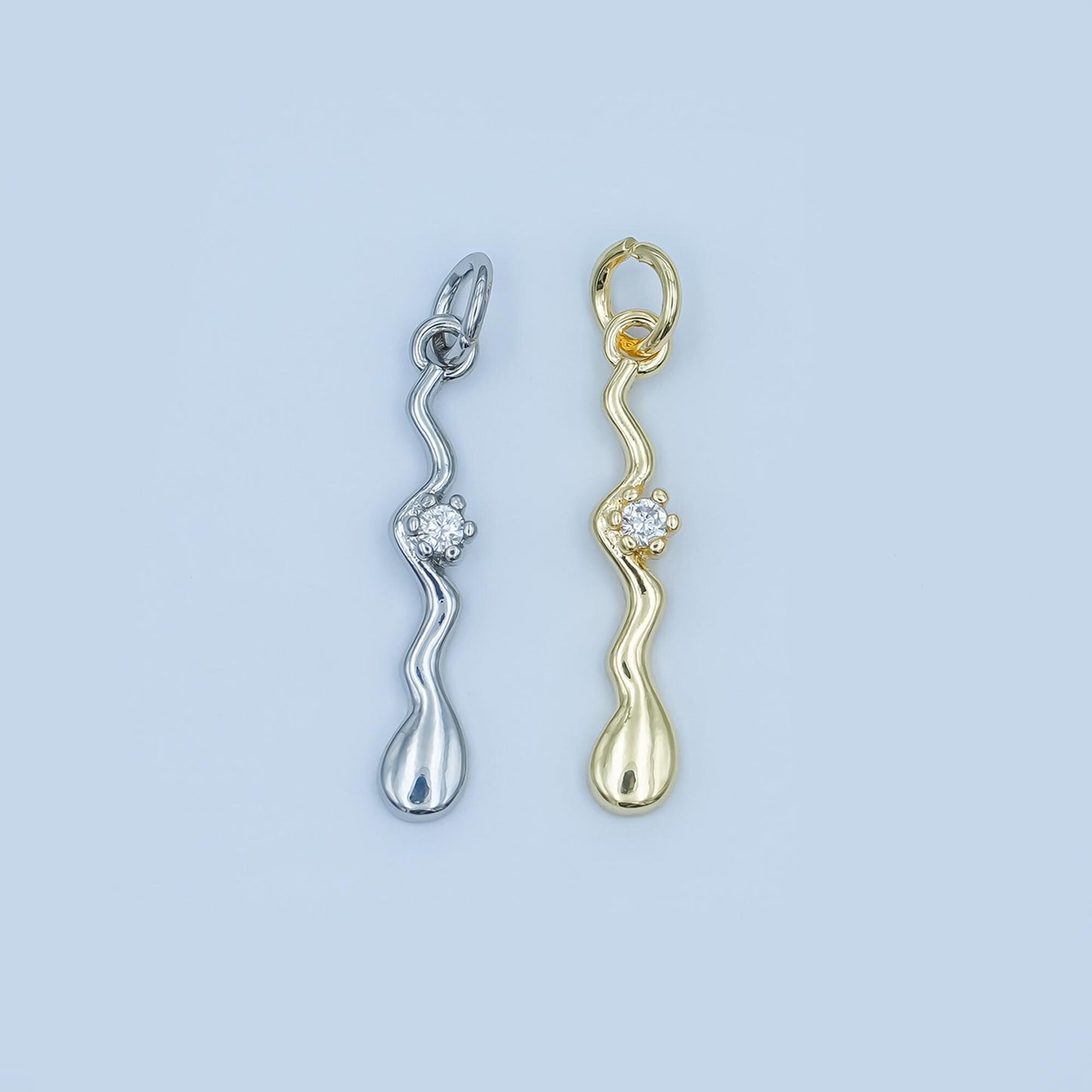 Wavy Drop Pendant Charm in White Gold or Yellow Gold - Modern Abstract Necklace Charm with Diamond Accent Fluid Organic Jewelry Design e256
