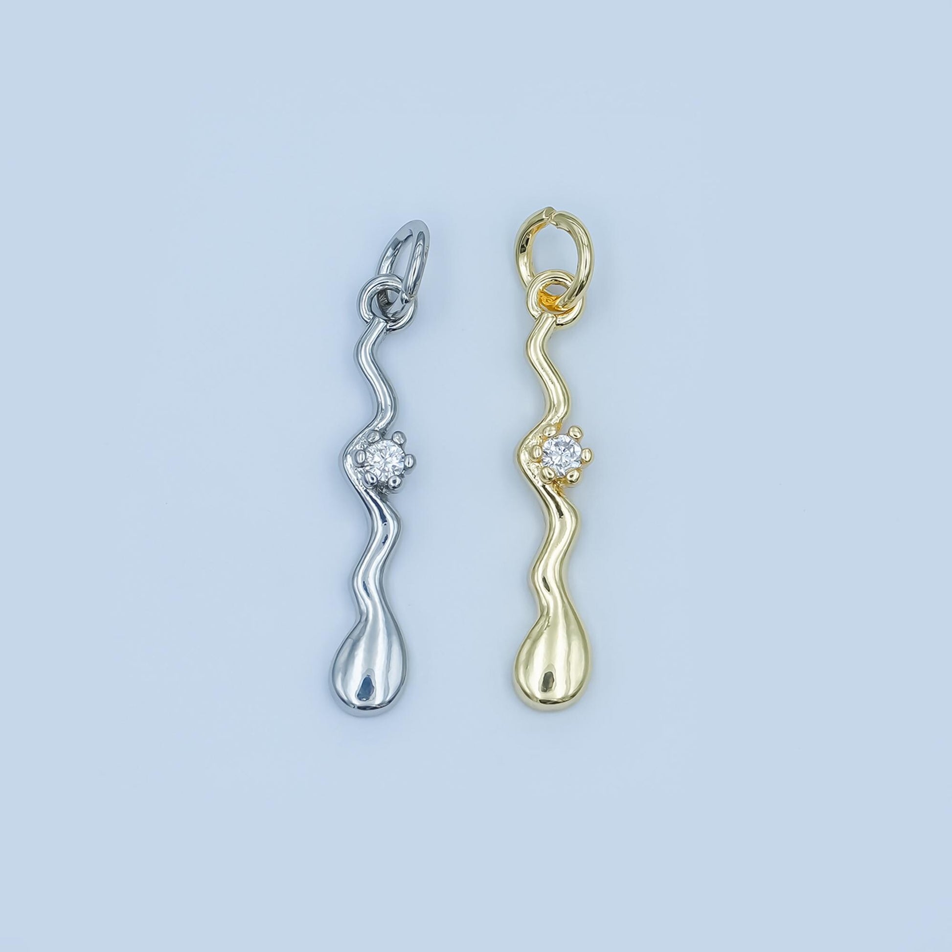 Wavy Drop Pendant Charm in White Gold or Yellow Gold - Modern Abstract Necklace Charm with Diamond Accent Fluid Organic Jewelry Design e256
