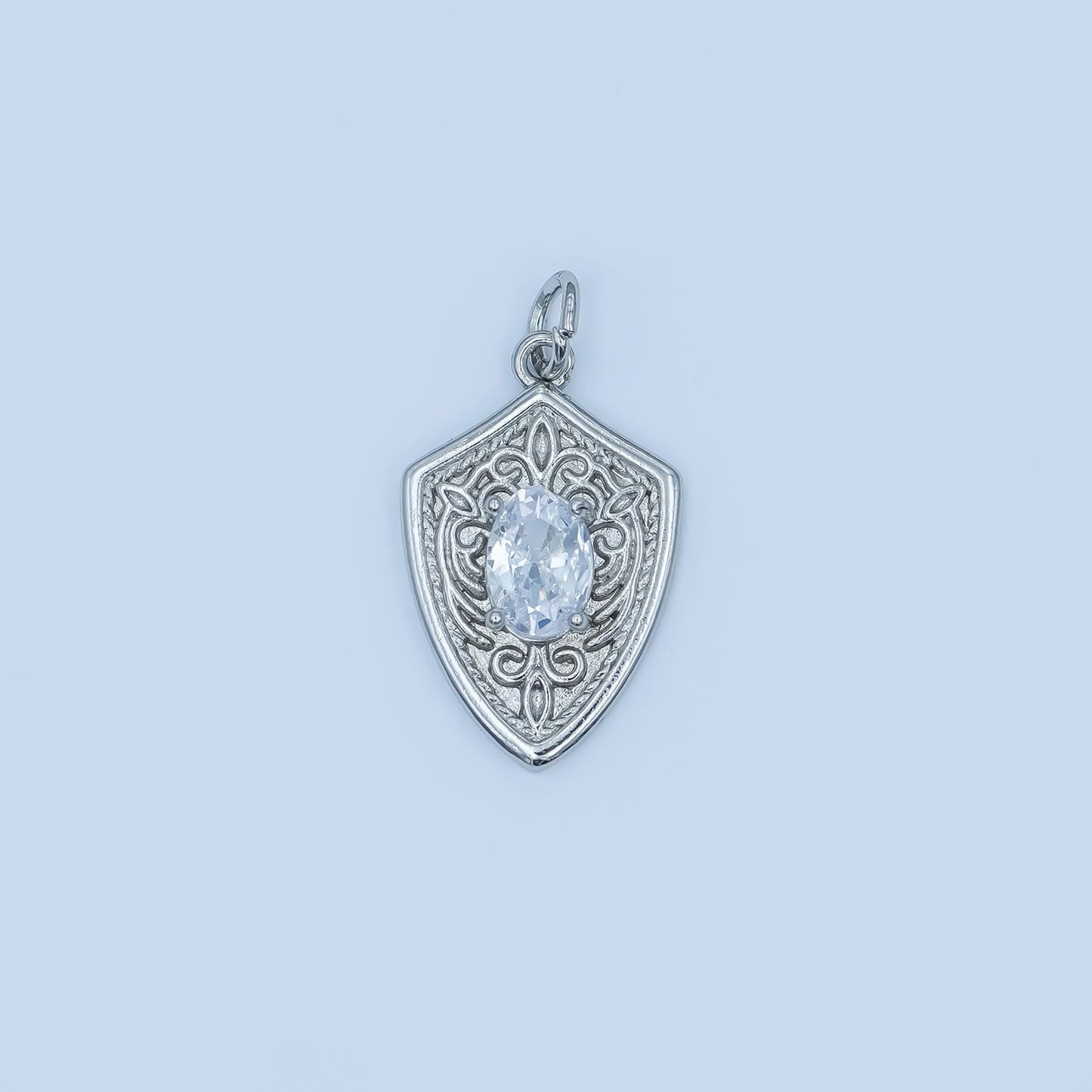 Shield Pendant Charm in Gold or Silver with Intricate Filigree and Crystal Center Medieval Inspired Necklace Charm Unique Statement Jewelry