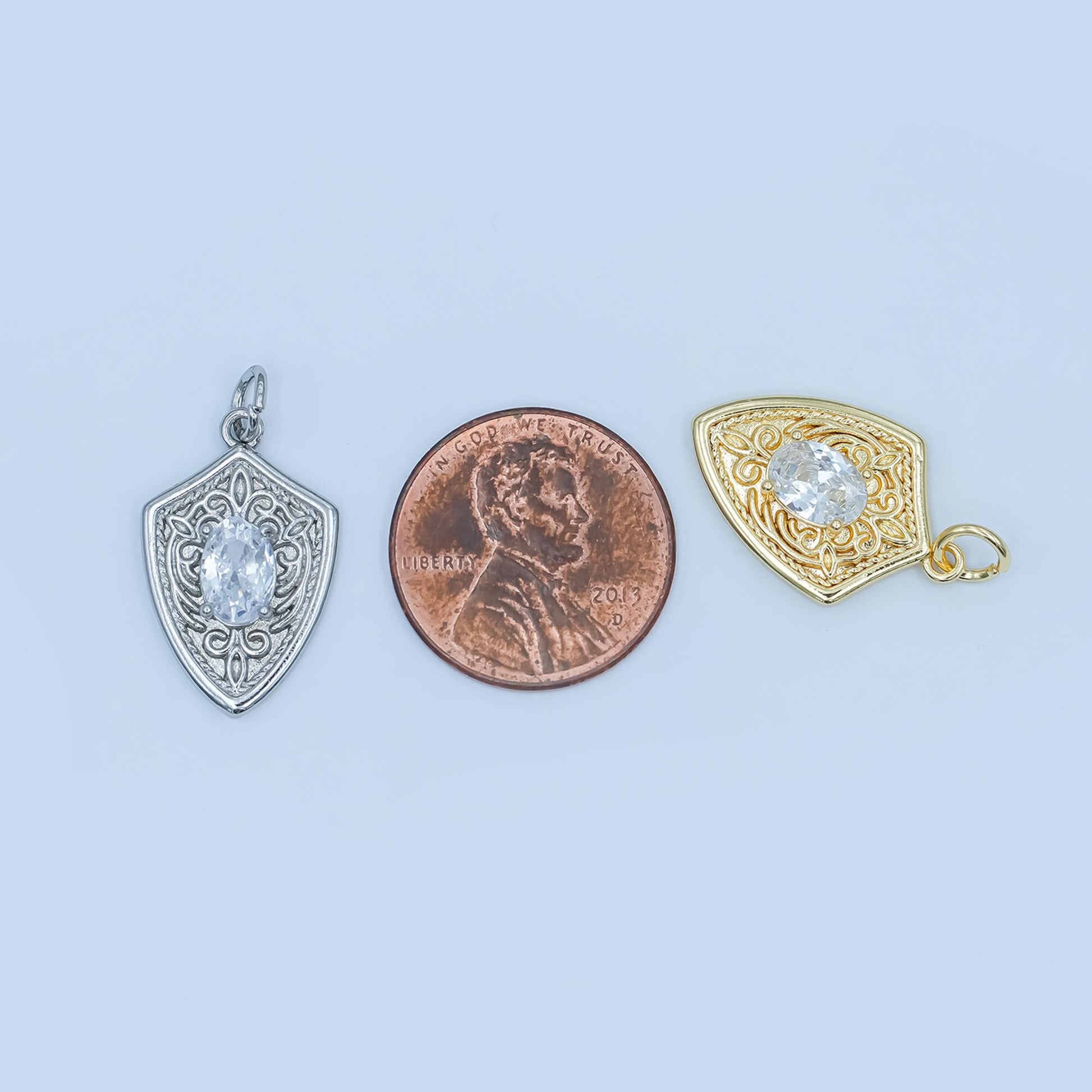 Shield Pendant Charm in Gold or Silver with Intricate Filigree and Crystal Center Medieval Inspired Necklace Charm Unique Statement Jewelry