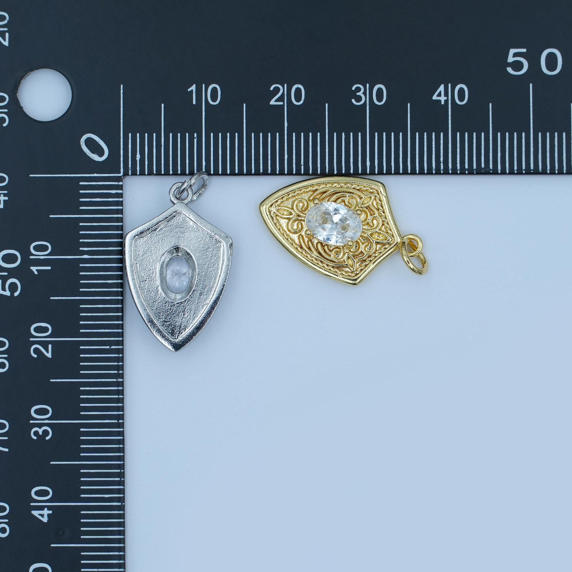 Shield Pendant Charm in Gold or Silver with Intricate Filigree and Crystal Center Medieval Inspired Necklace Charm Unique Statement Jewelry
