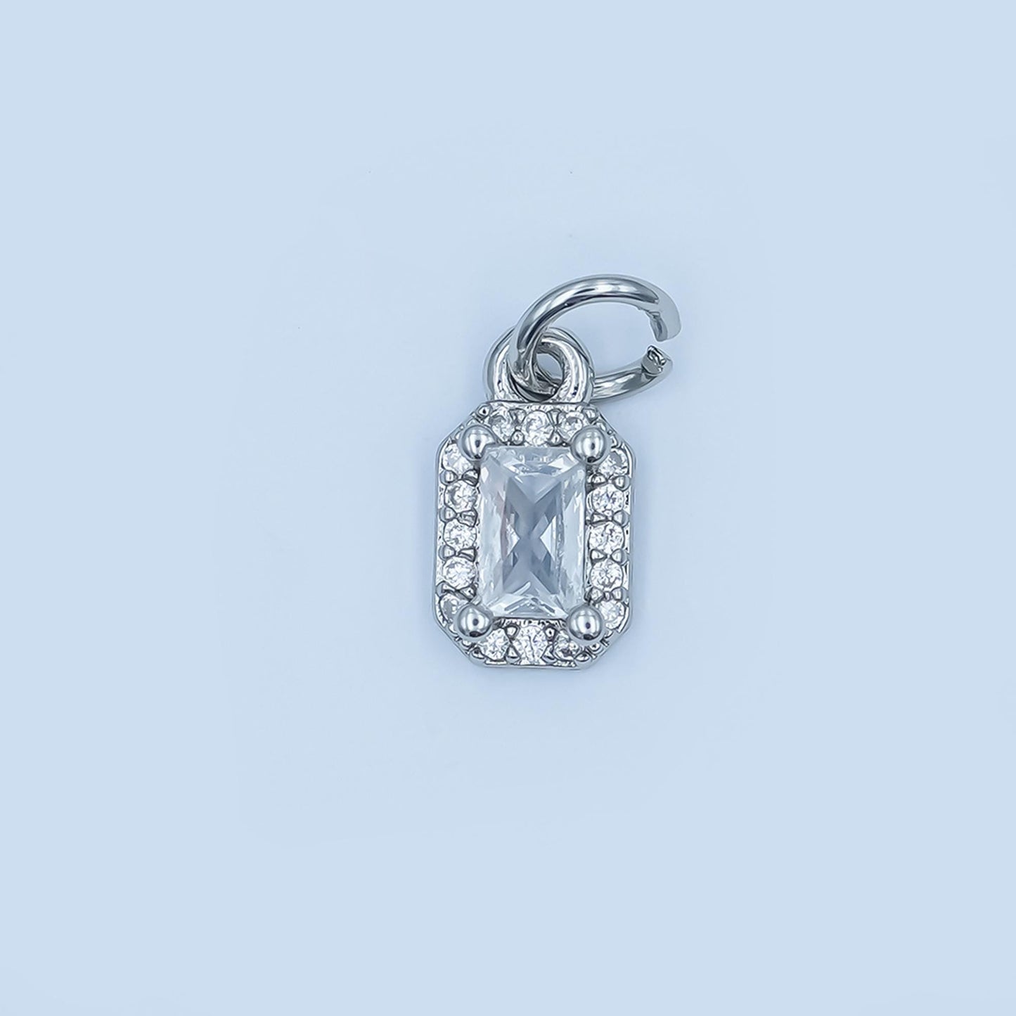 Emerald Cut Crystal Pendant Charm in Gold or Silver – Halo Rectangle Necklace Charm – Classic Sparkling Jewelry Accent E024