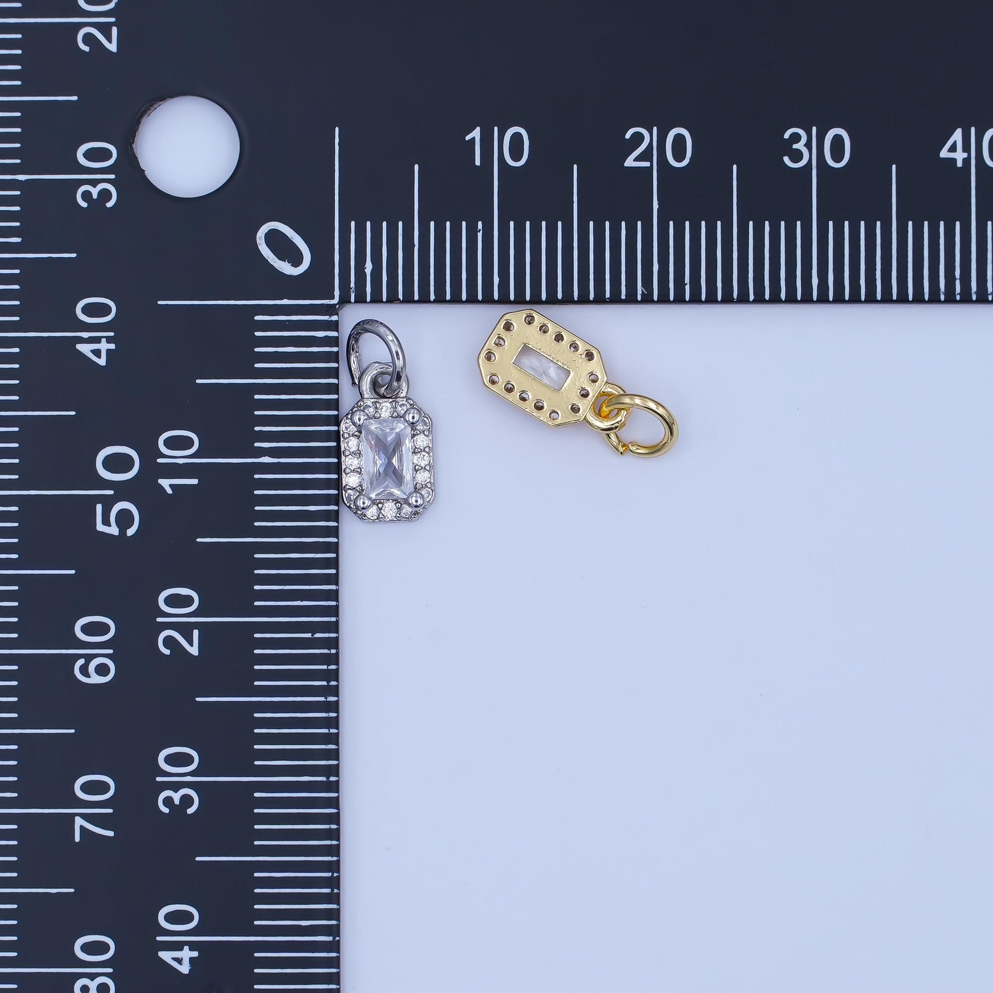 Emerald Cut Crystal Pendant Charm in Gold or Silver – Halo Rectangle Necklace Charm – Classic Sparkling Jewelry Accent E024