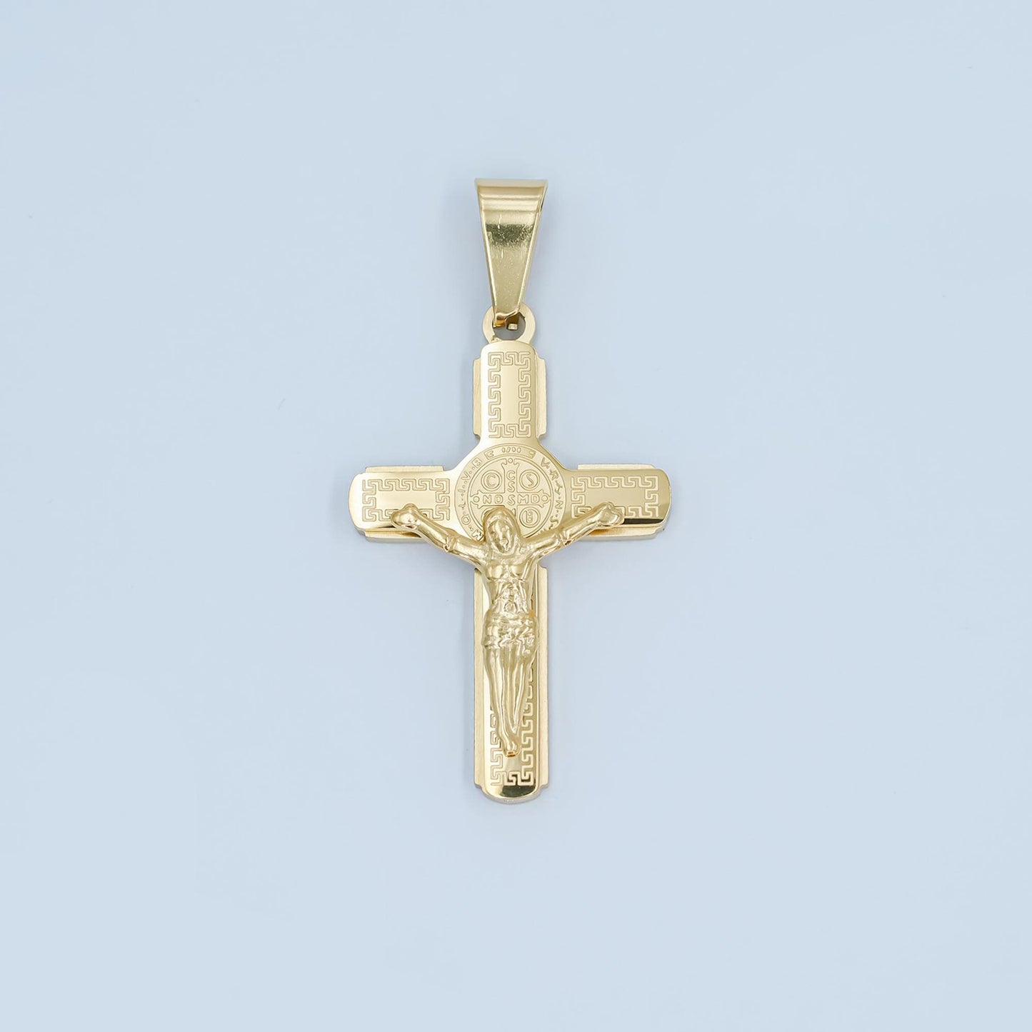 PVD Gold Stainless Steel Saint Benedict Crucifix Pendant – Gold & Silver Crucifix Cross Charm for Religious Jewelry Making P974