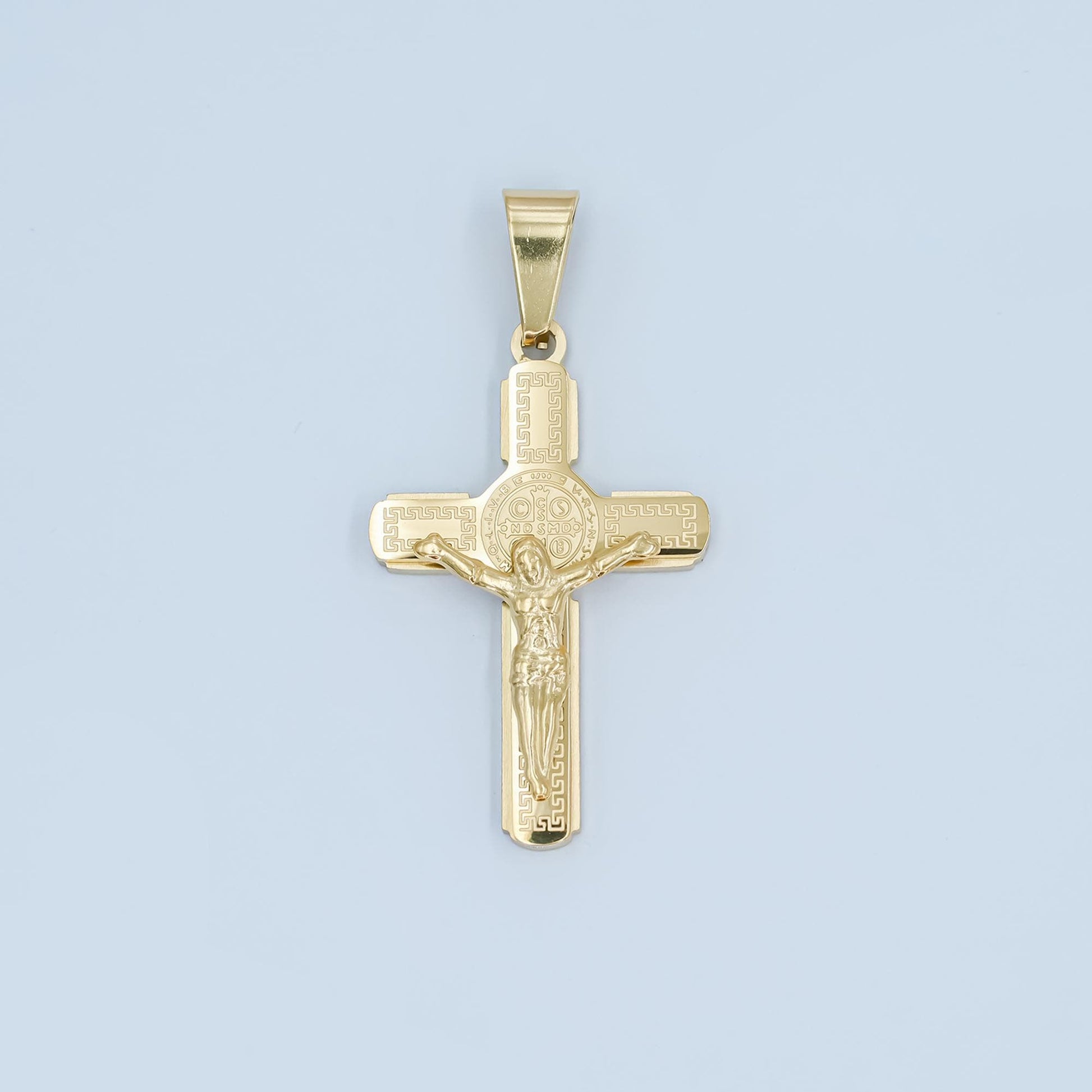 PVD Gold Stainless Steel Saint Benedict Crucifix Pendant – Gold & Silver Crucifix Cross Charm for Religious Jewelry Making P974
