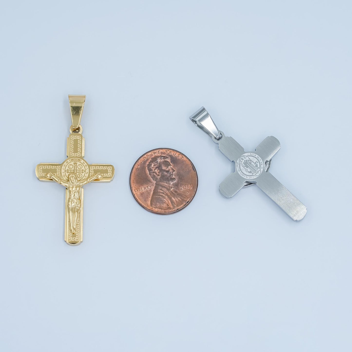PVD Gold Stainless Steel Saint Benedict Crucifix Pendant – Gold & Silver Crucifix Cross Charm for Religious Jewelry Making P974