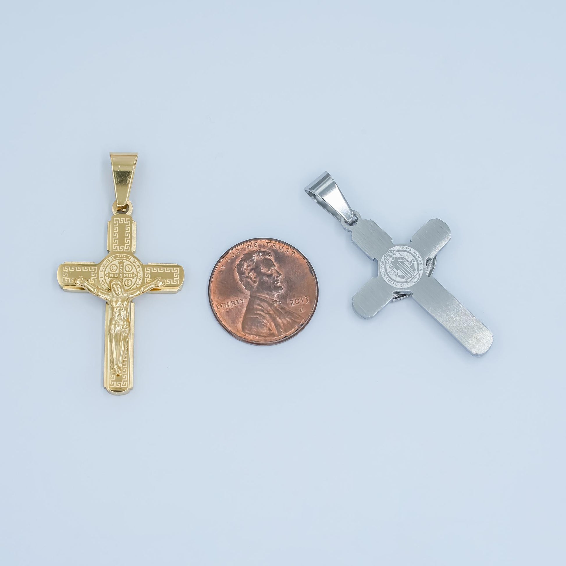 PVD Gold Stainless Steel Saint Benedict Crucifix Pendant – Gold & Silver Crucifix Cross Charm for Religious Jewelry Making P974