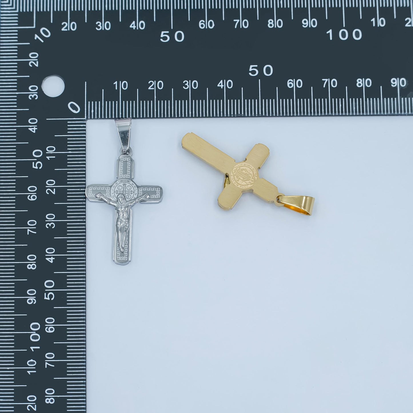 PVD Gold Stainless Steel Saint Benedict Crucifix Pendant – Gold & Silver Crucifix Cross Charm for Religious Jewelry Making P974