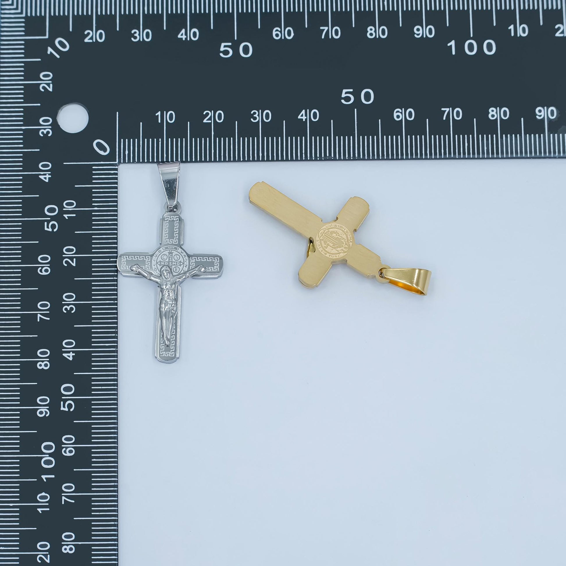 PVD Gold Stainless Steel Saint Benedict Crucifix Pendant – Gold & Silver Crucifix Cross Charm for Religious Jewelry Making P974