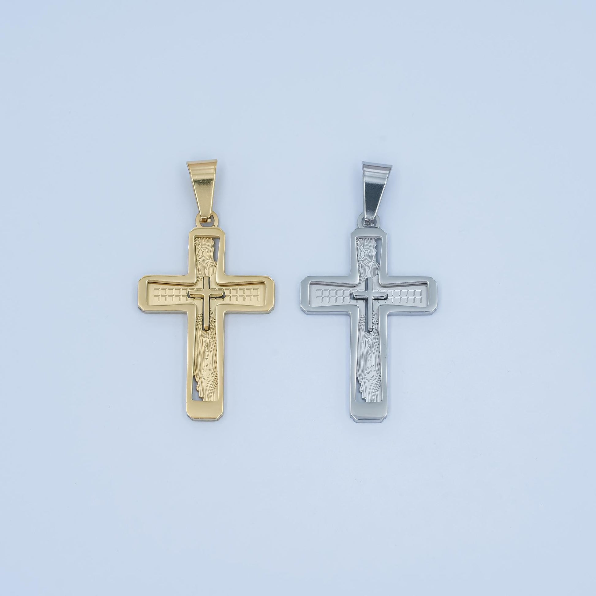 Stainless Steel Layered Cross Pendant – Gold & Silver Catholic Christian Necklace, Religious Jewelry for Men, Faith Gift P858