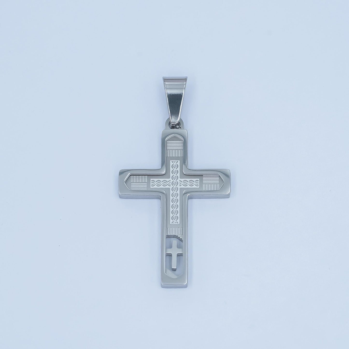 Stainless Steel Cutout Cross Pendant – Gold & Silver Christian Necklace, Detailed Religious Jewelry for Men P-761