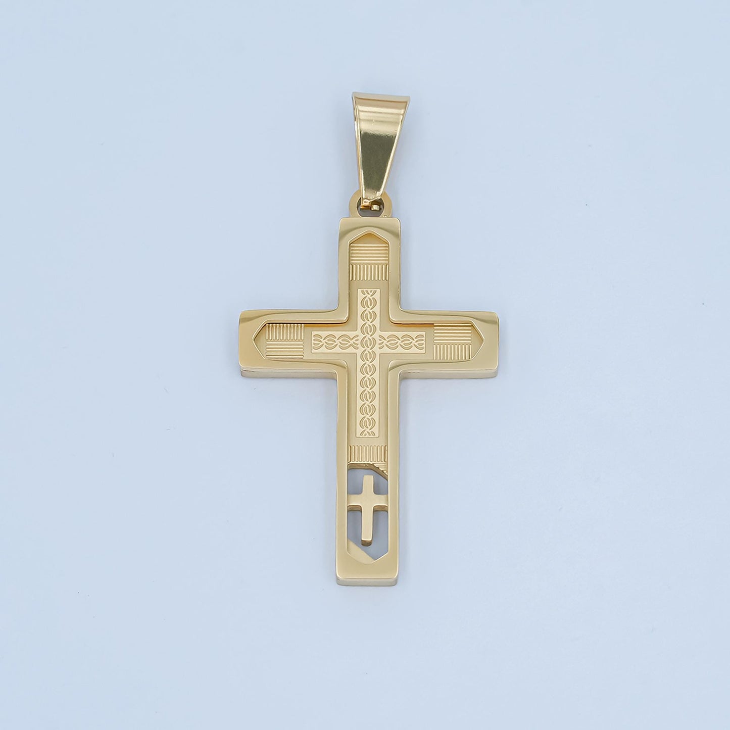 Stainless Steel Engraved Cross Pendant Gold Silver Christian Necklace, Unique Faith Jewelry for Men, Religious Gift with Cutout Design P-838