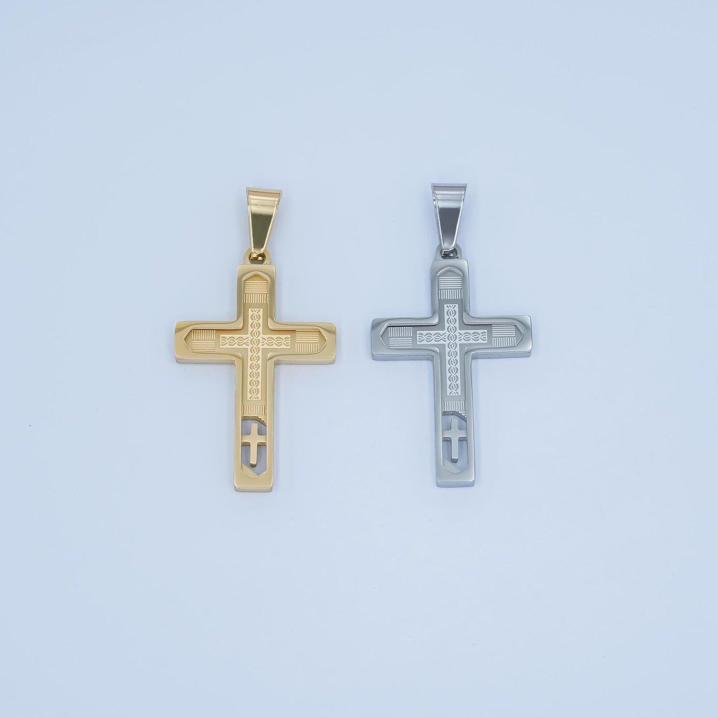 Stainless Steel Engraved Cross Pendant Gold Silver Christian Necklace, Unique Faith Jewelry for Men, Religious Gift with Cutout Design P-838