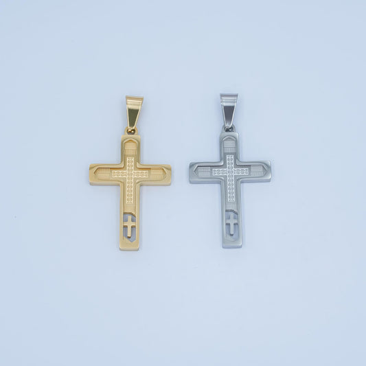 Stainless Steel Engraved Cross Pendant Gold Silver Christian Necklace, Unique Faith Jewelry for Men, Religious Gift with Cutout Design P-838