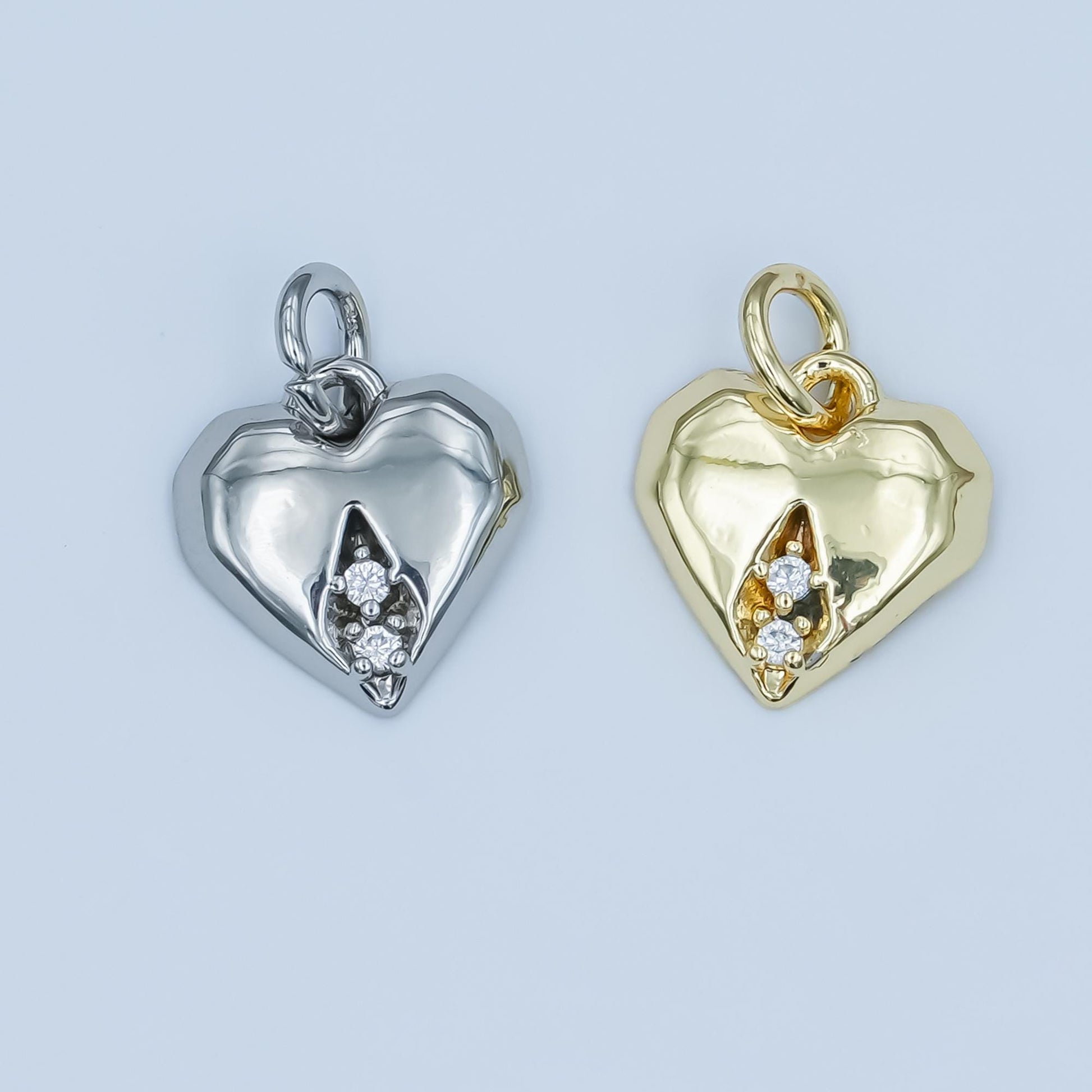 24K Gold Filled Clear CZ Geometric Edged Heart Charm in Gold & Silver | E554.