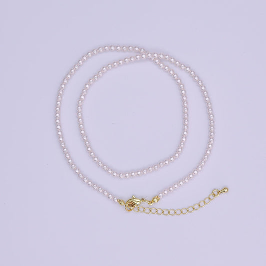 24K Gold Filled 3mm Round Glass Pearl 17 Inch Layer Necklace with Extender for Bridesmaid Bridal Jewelry | WA-2330