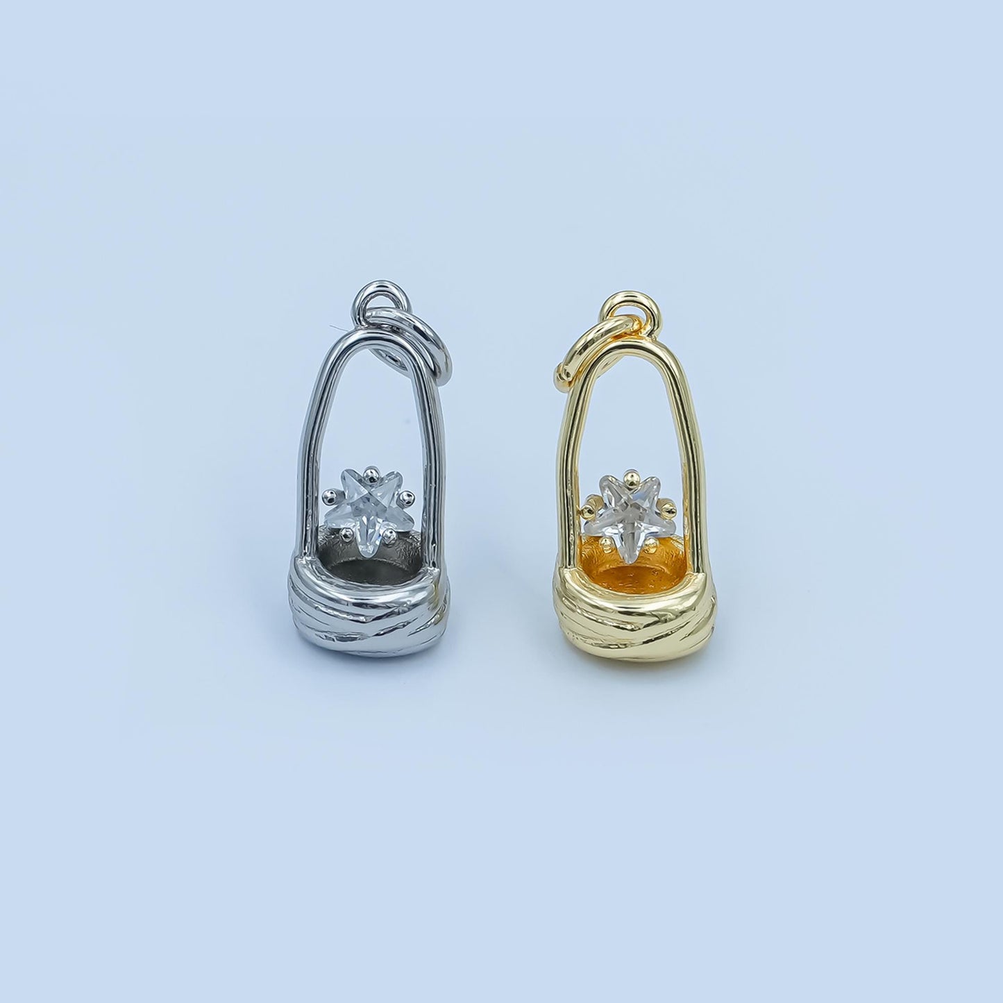 Mini 3D Picnic Basket charm 24k Gold Filled Charm Bar Bracelets and Necklaces Silver Pave CZ Minimalist Charms E549