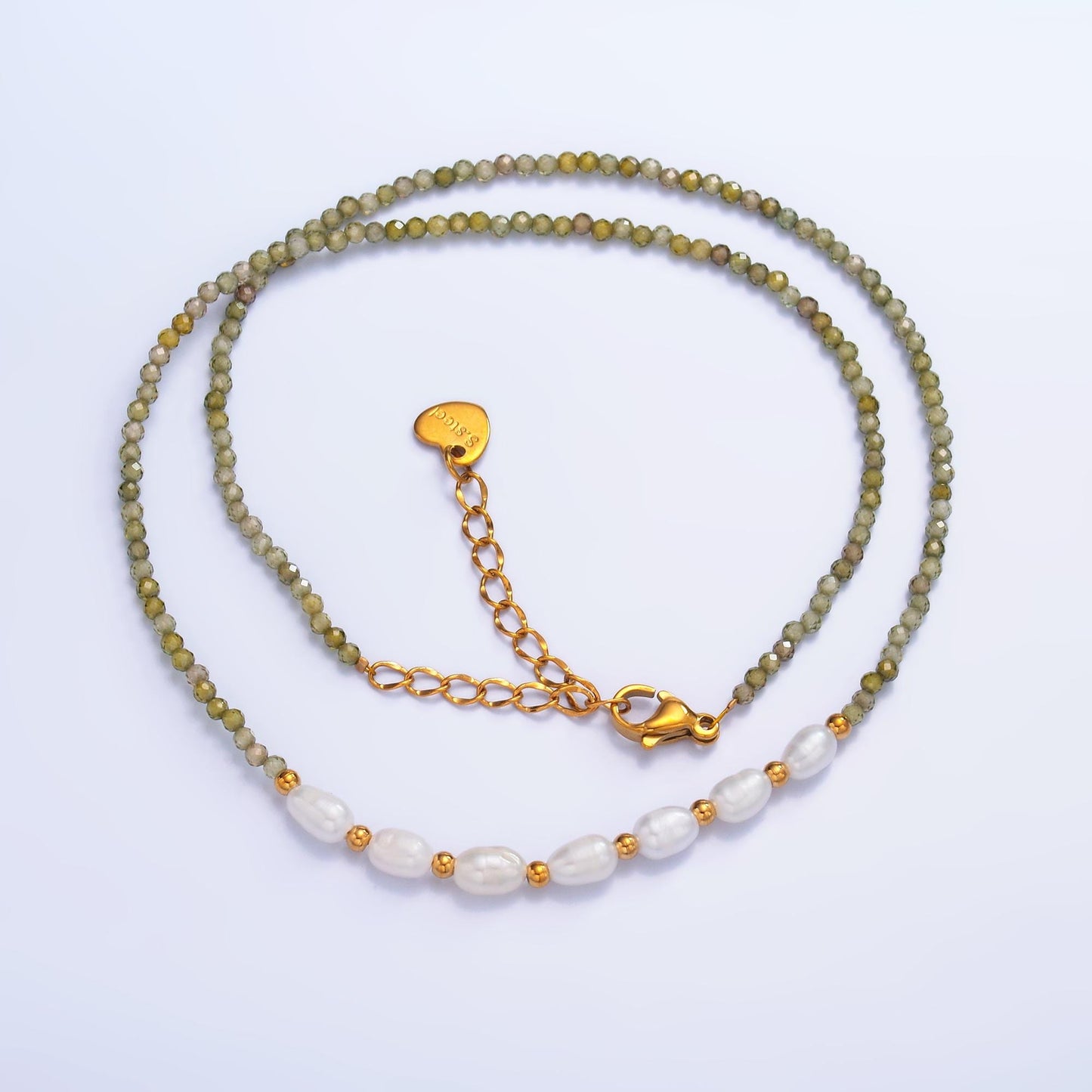 Handmade Colorful Freshwater Pearl Green Multifaceted Crystal Gemstone 15 Inch Choker Necklace | WA-3106