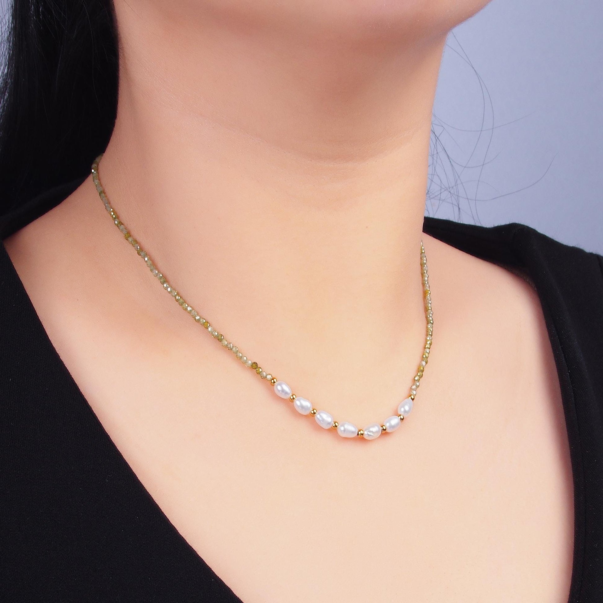 Handmade Colorful Freshwater Pearl Green Multifaceted Crystal Gemstone 15 Inch Choker Necklace | WA-3106