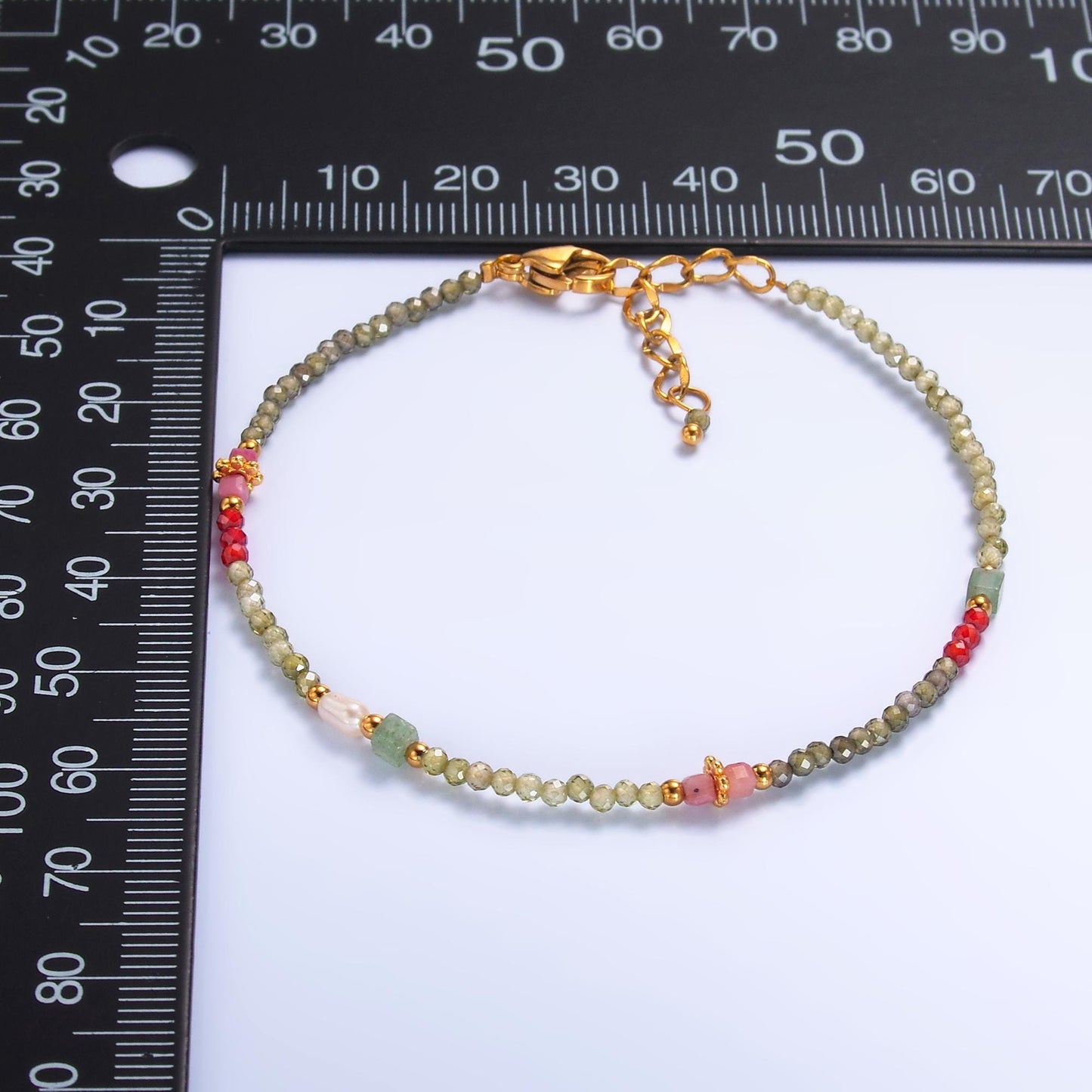 Handmade Colorful Red-Pink Green Multifaceted Crystal Gemstone 7 Inch Bracelet | WA-3134