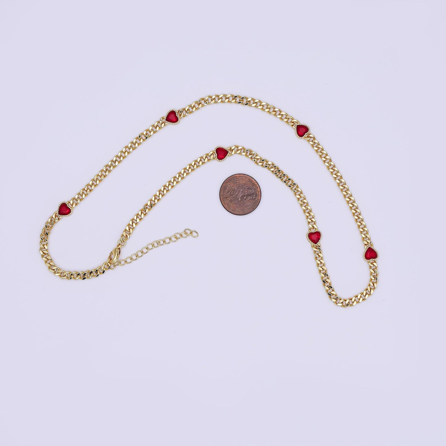 Handmade Colorful 24K Gold Filled 4mm Red Heart CZ Curb Chain 18 Inch Necklace | WA-3087