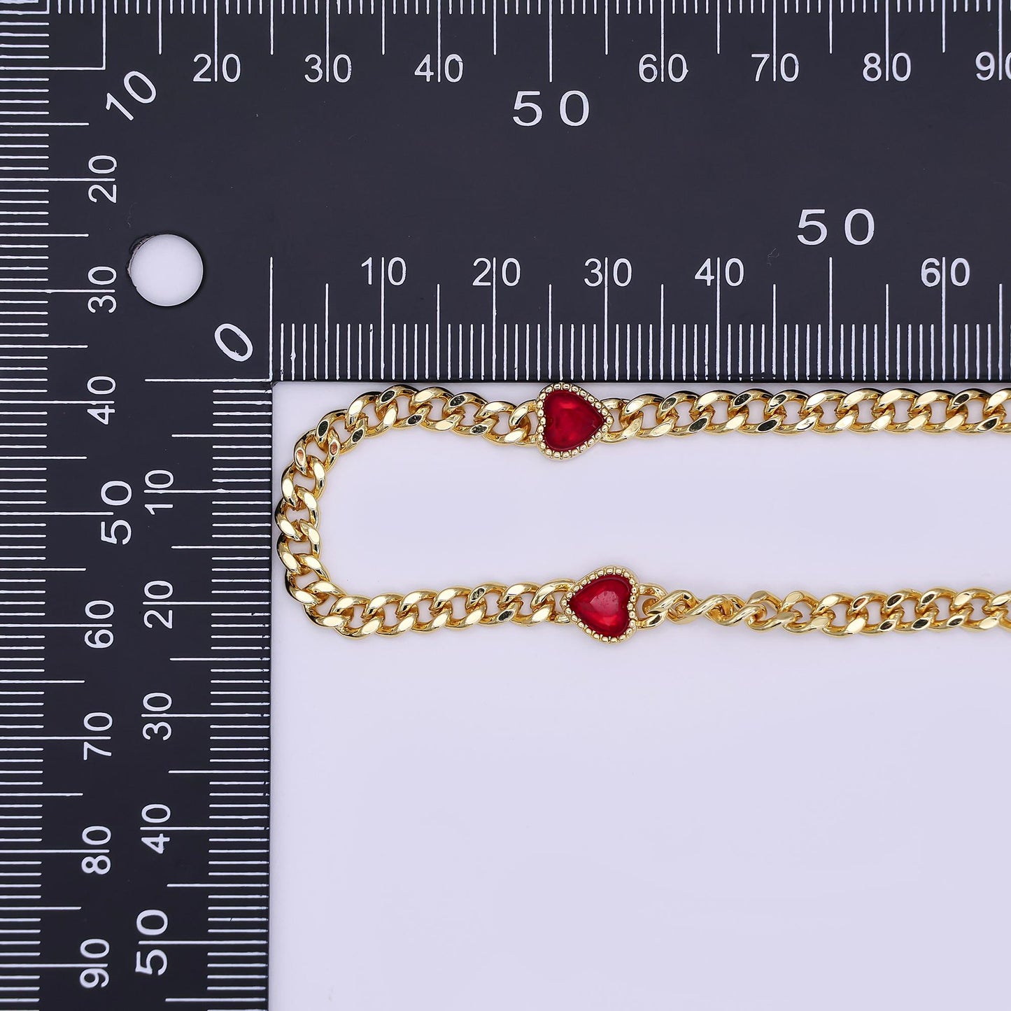 Handmade Colorful 24K Gold Filled 4mm Red Heart CZ Curb Chain 18 Inch Necklace | WA-3087